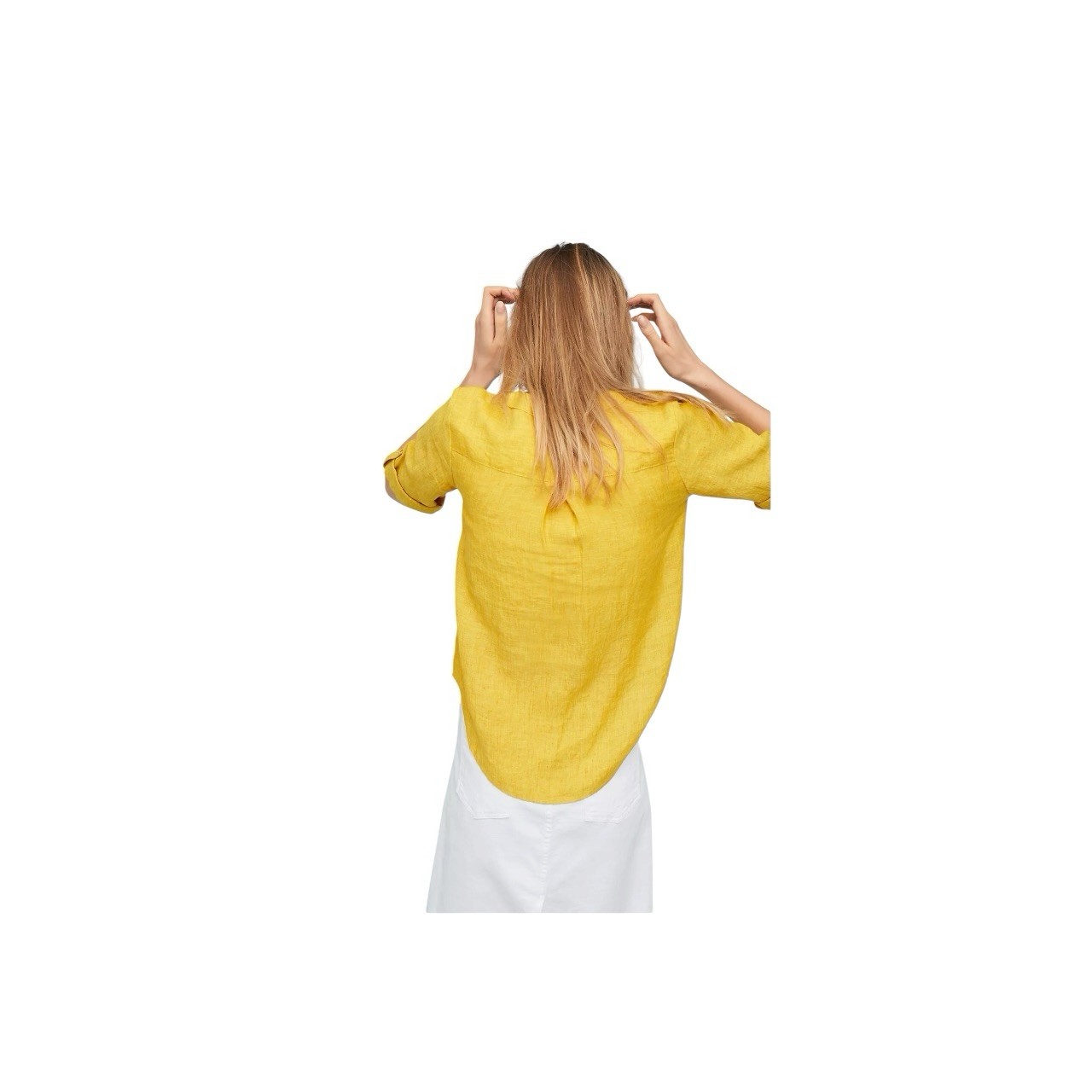 Maeve 4 Yellow Solid Woven Linen Lace-Up V-Neck Roll Tab 3/4 Tunic Blouse