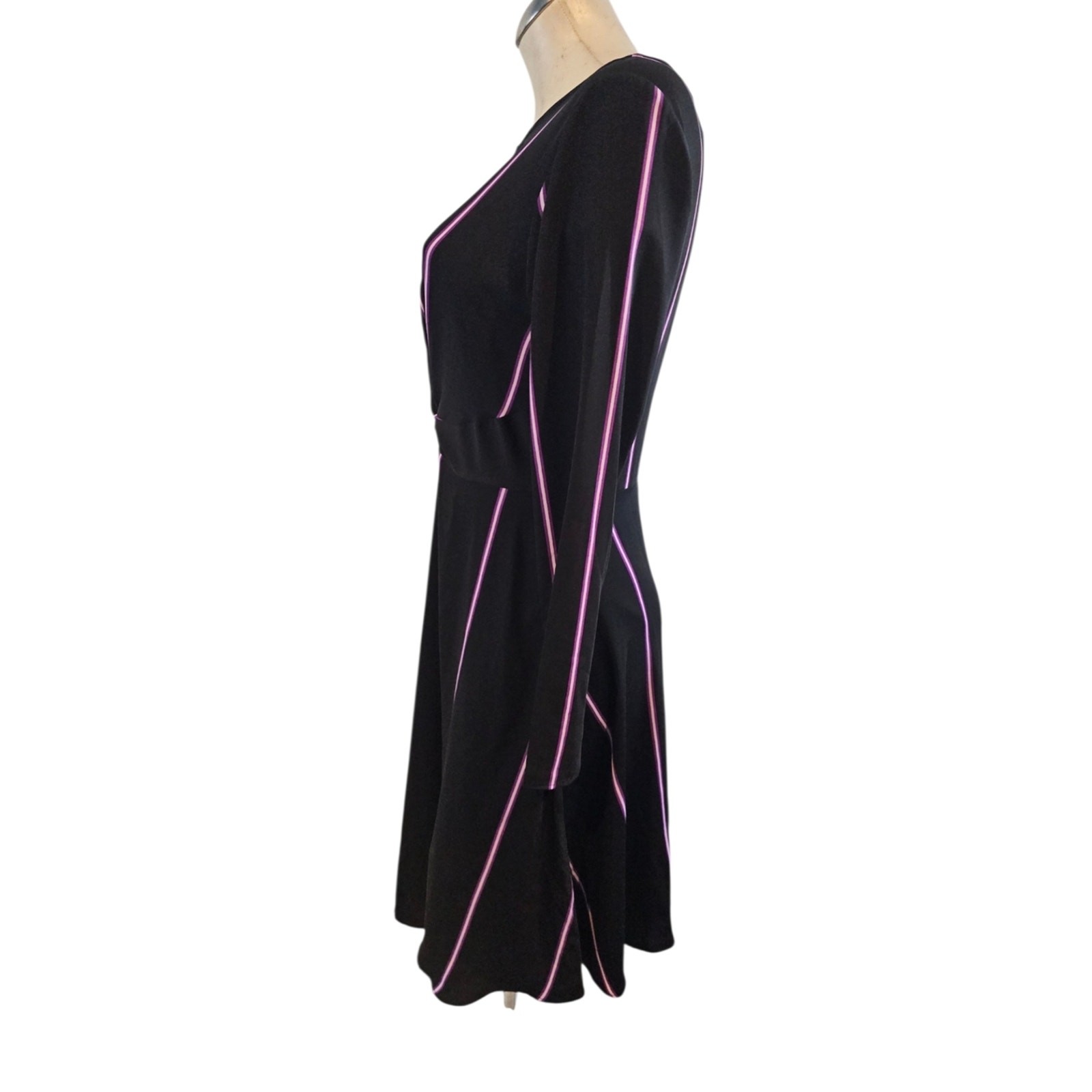 Nine West Size S Dress Asymmetrical Hem Black Purple Stripes Knotted Front
