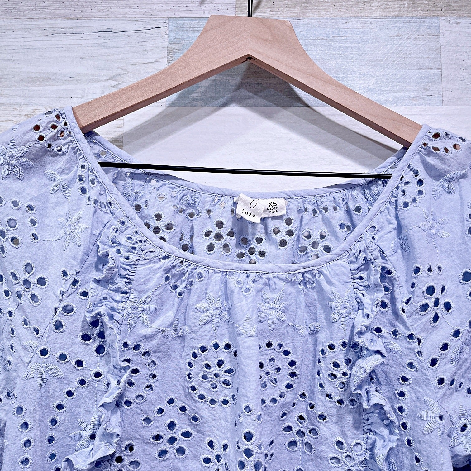 JOIE Ruffle Embroidered Drawstring Hem Blouse Blue Puff Sleeve Cotton Womens XS