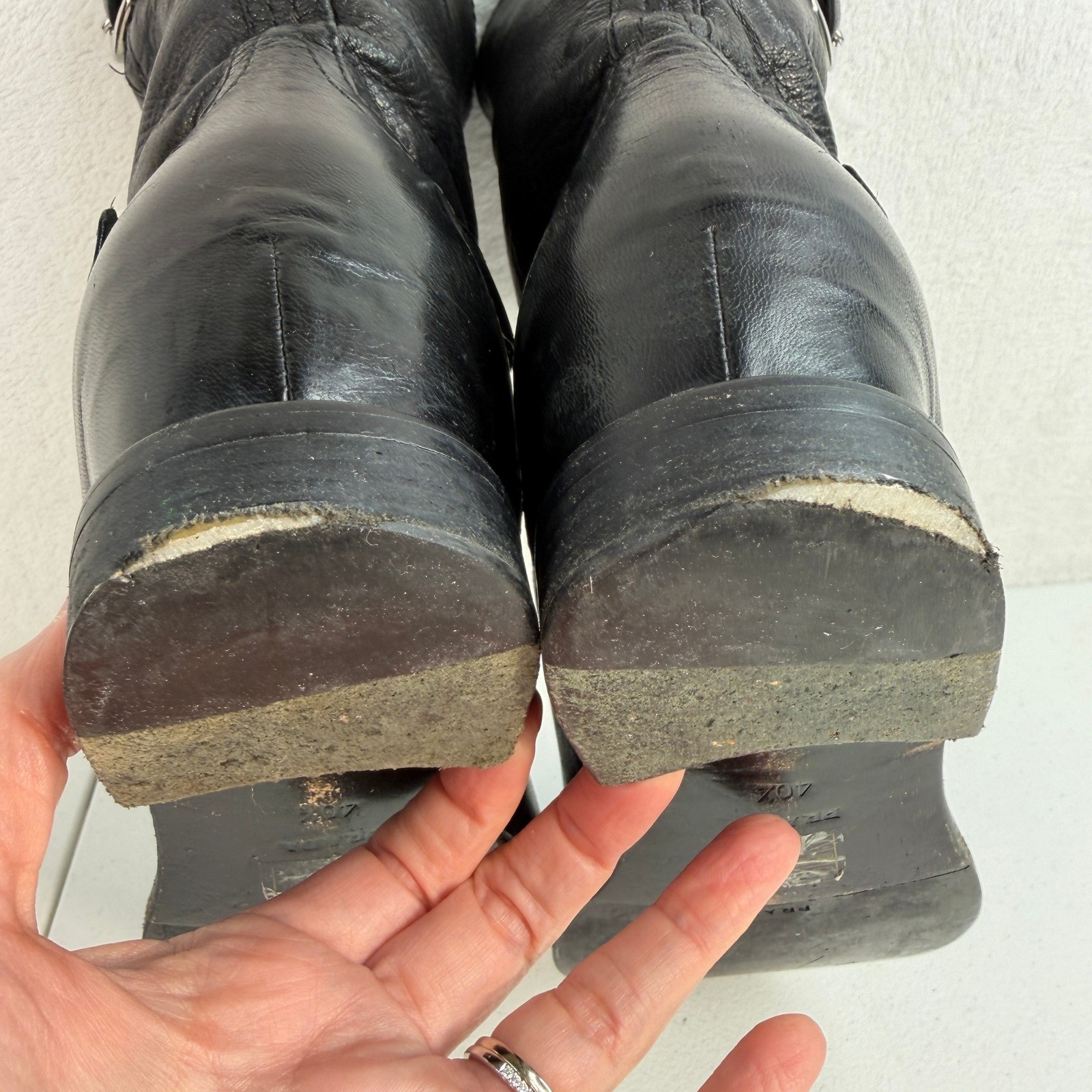 Prada 40.5 10.5 Boots Moto Engineer Hidden Wedge Buckle Leather Black Designer