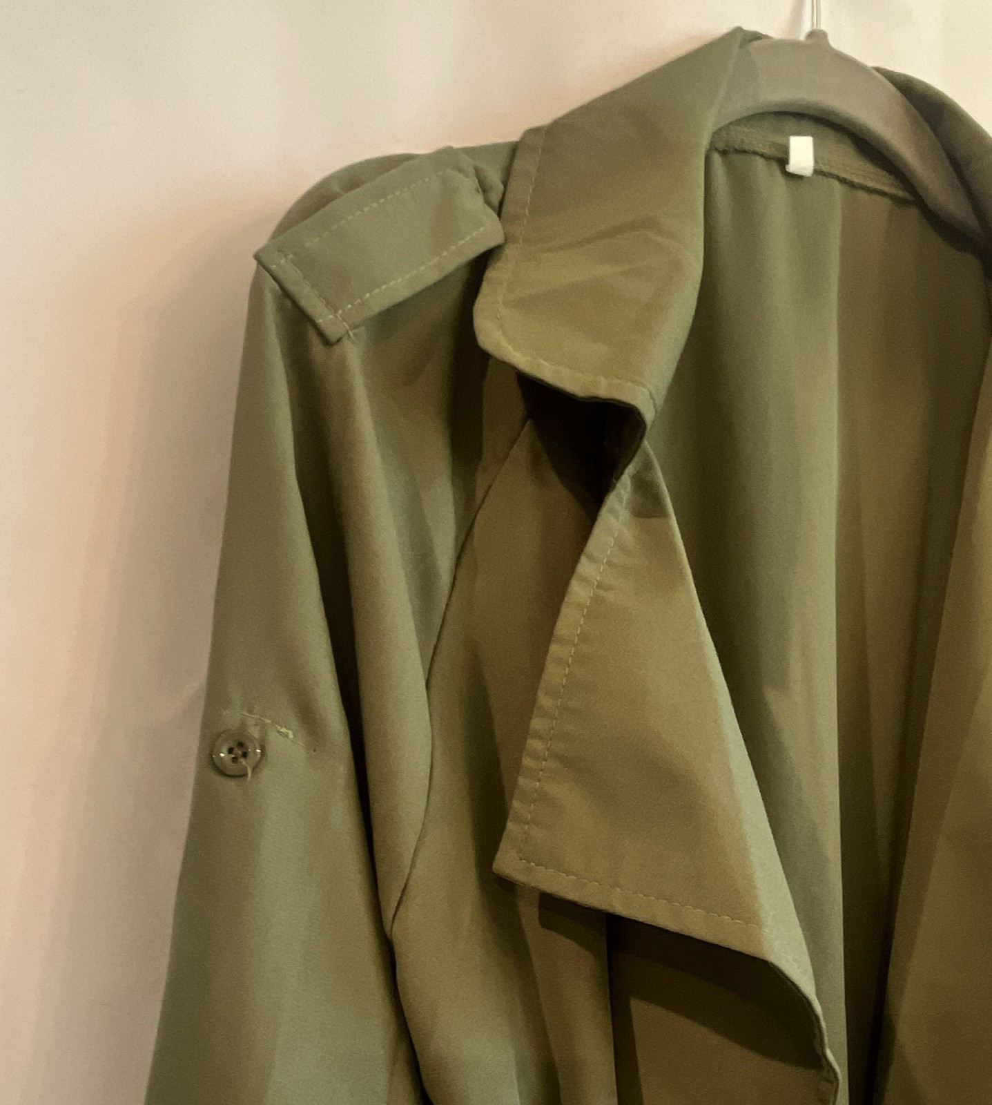 Women’s Green Long Polyester Trench Coat Solid Classic Belted Tie Closure Size L