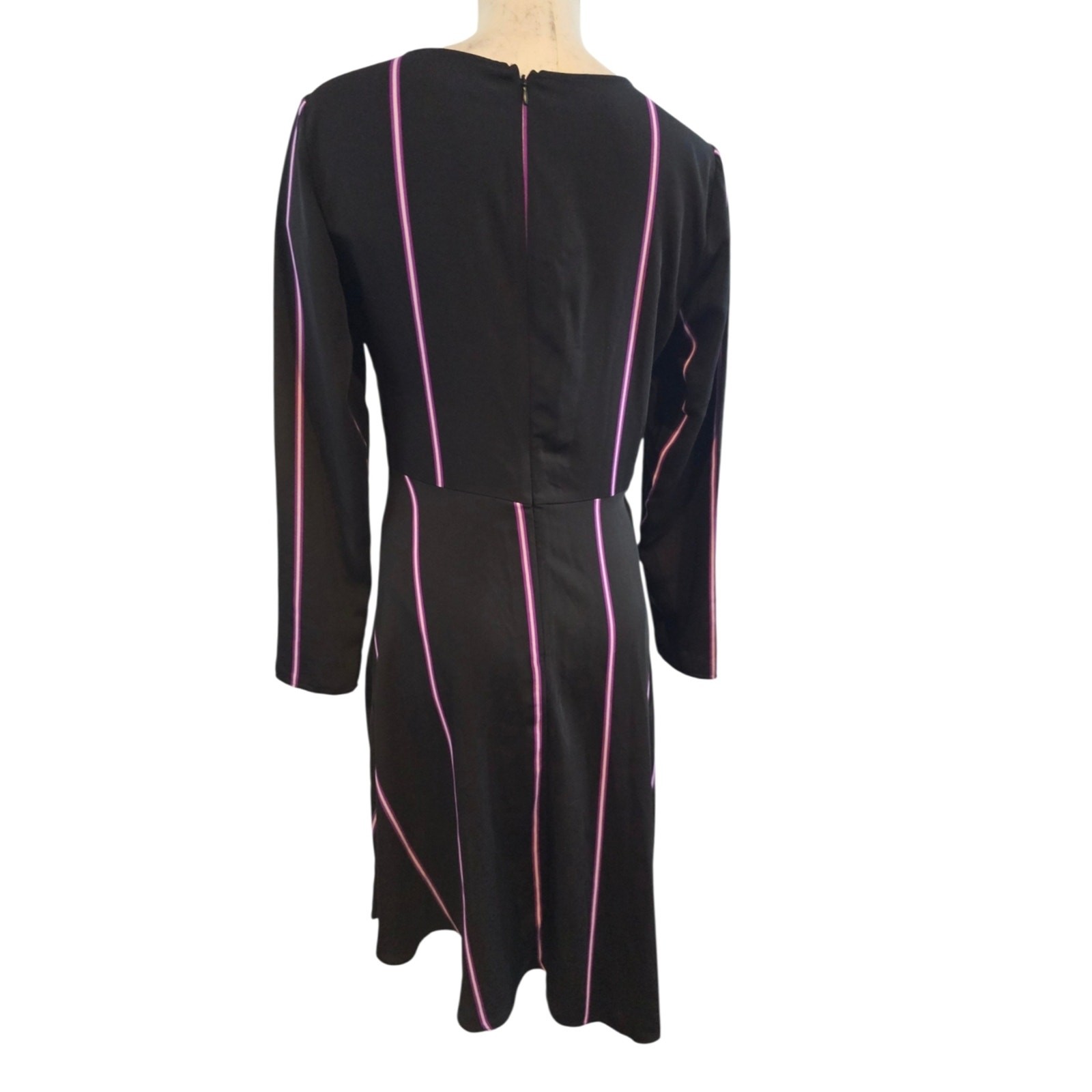 Nine West Size S Dress Asymmetrical Hem Black Purple Stripes Knotted Front