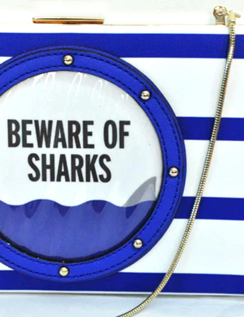 NWT KATE SPADE Emanuelle Make A Splash Beware Of Sharks Blue Stripe Clutch Purse