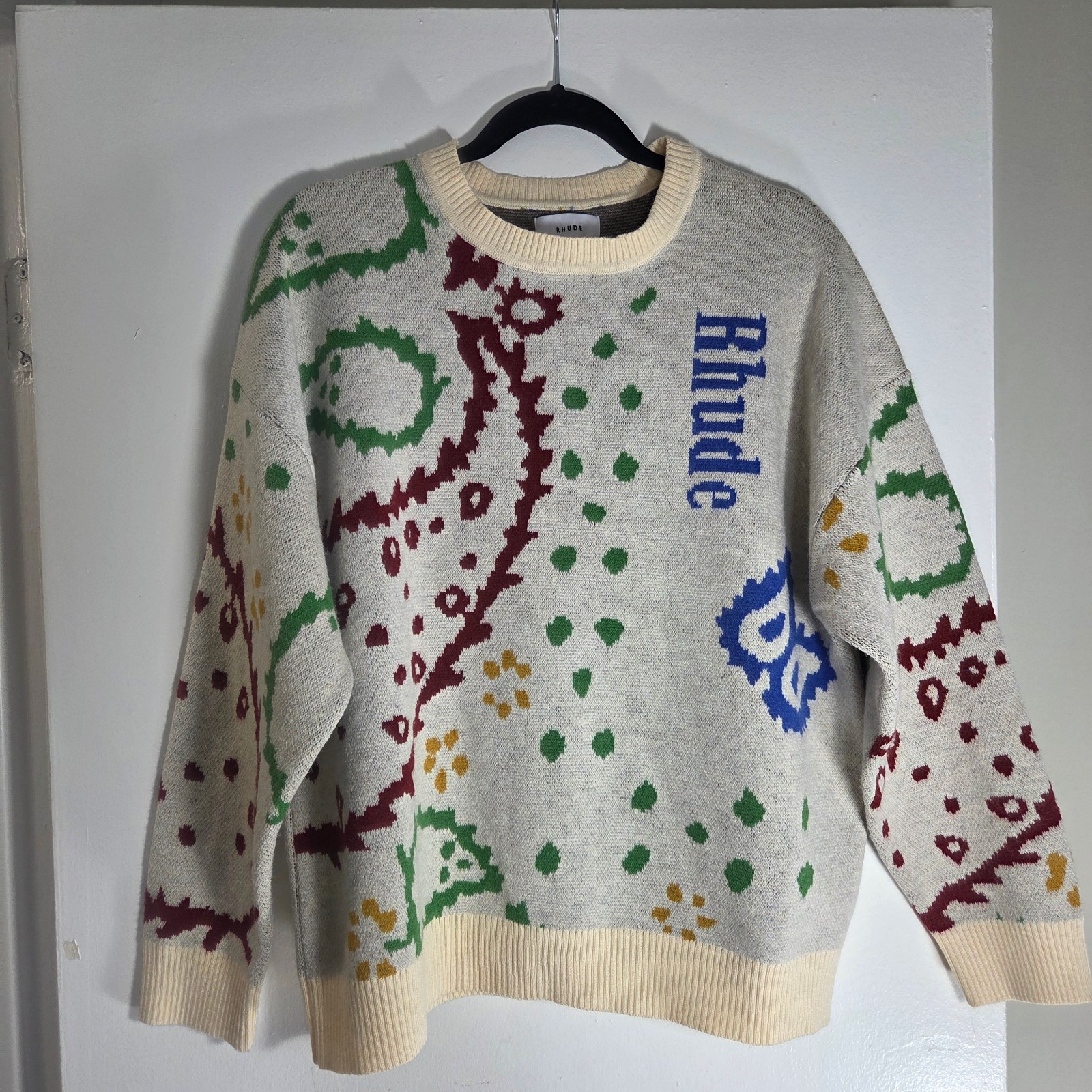 NWT RHUDE Creme & Multicolored Merino Wool Bandana Crewneck Size S