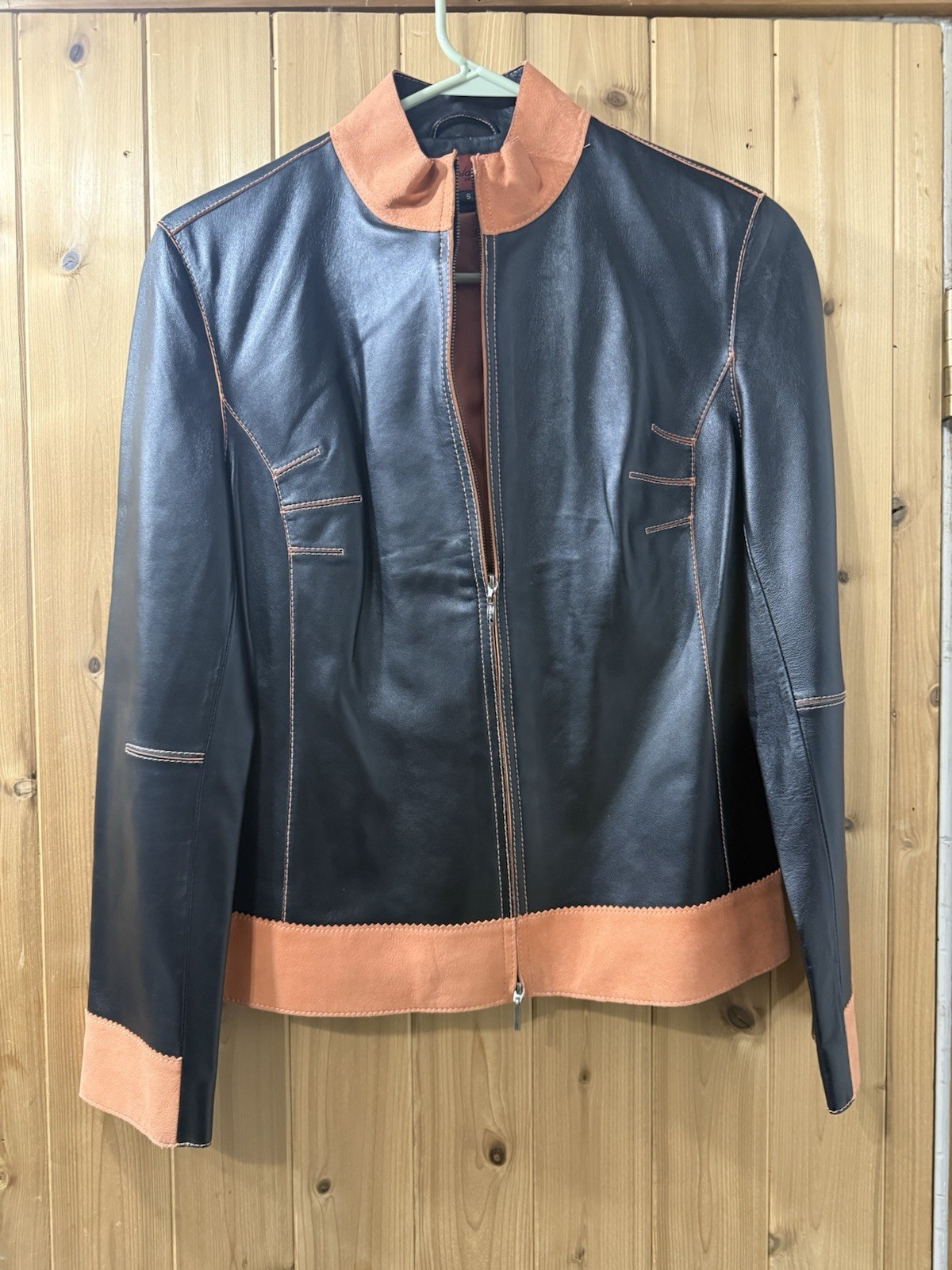 Nicola Berti Women’s Leather Blazer Jacket Size Small Black & Salmon Pink
