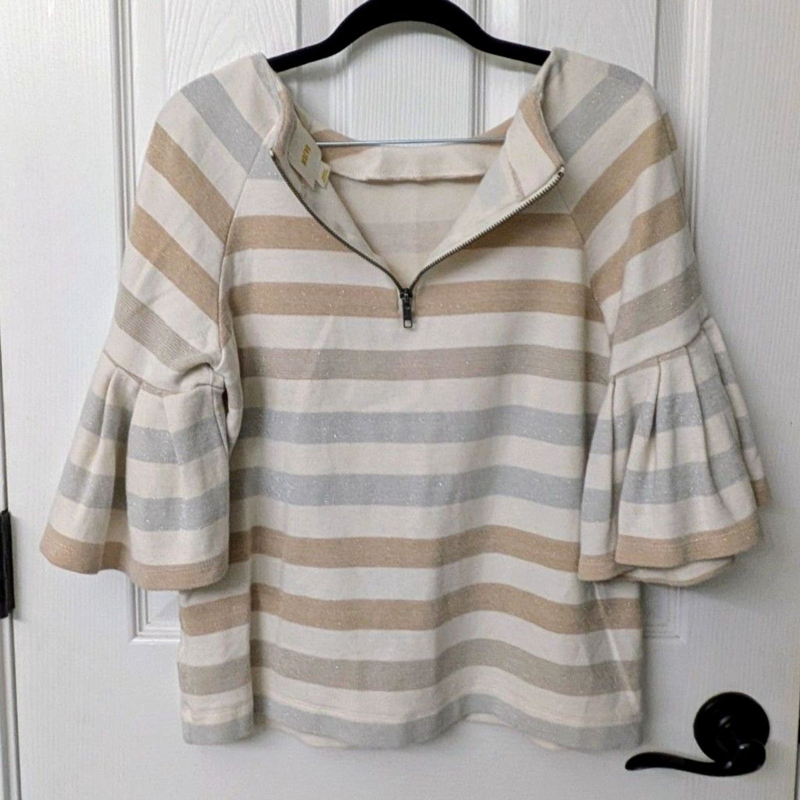 Maeve by Anthropologie Sparkle Stripe Flutter Sleeve Top | Size Med