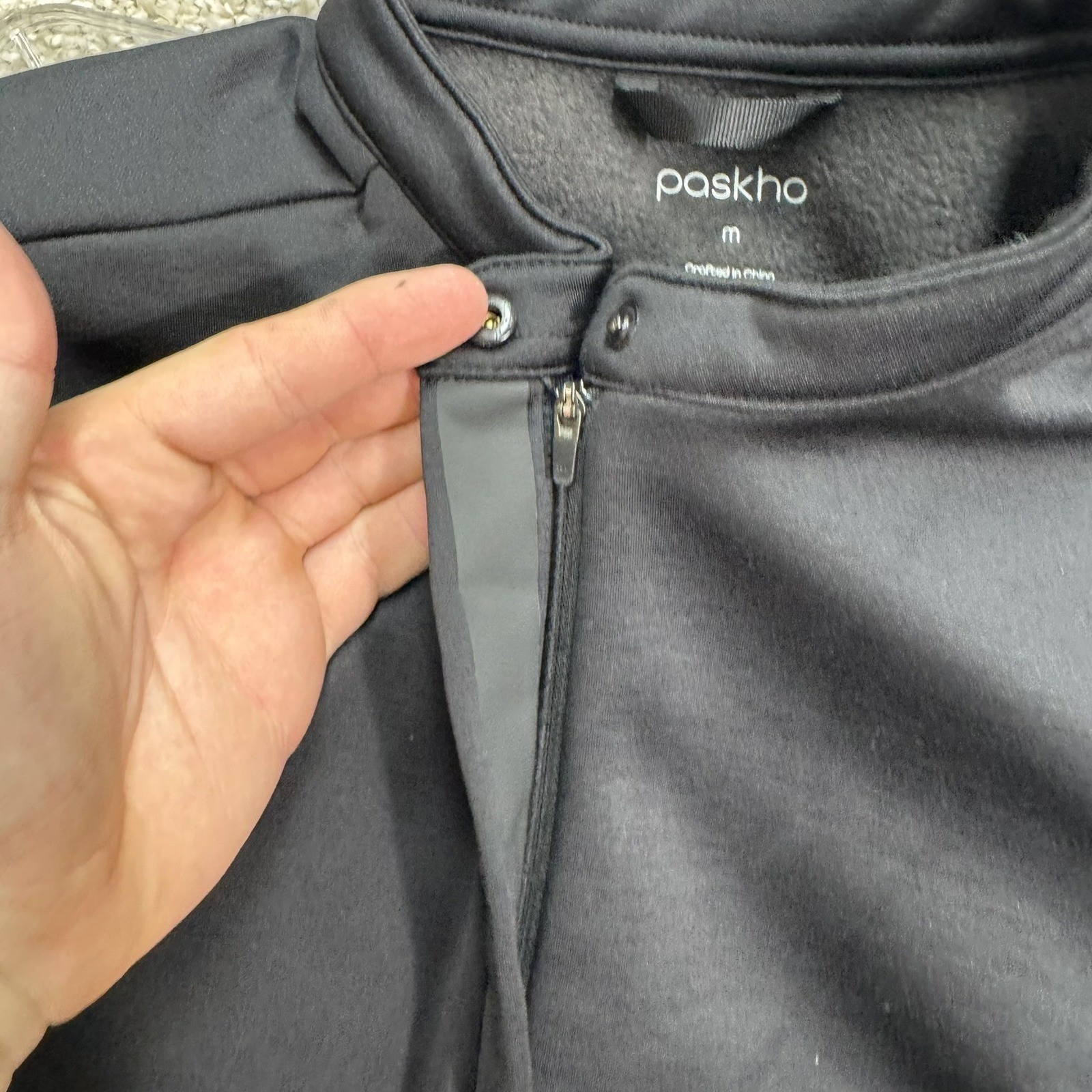 Paskho Full Zip Jacket Mens Medium Black Mock Neck Techwear Fleece Lined Solid