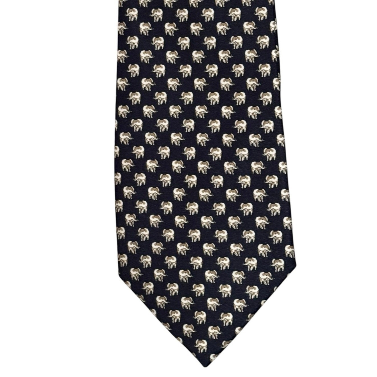 Thailand Men’s Deep Navy Hand-Made 100% Silk Tie Elephant Print Eclectic Preppy