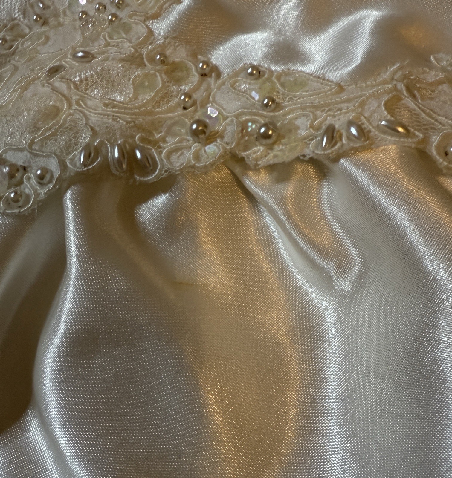Vtg Mori Lee Satin Wedding Dress High Neck Puffed Sleeves Beading Lace Sz 8