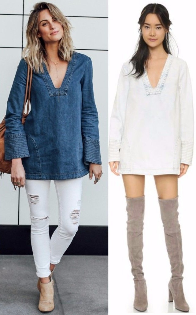 Free People Dreaming Of Denim Tunic Dress Pockets Plunge Bell Sleeve Boho Top