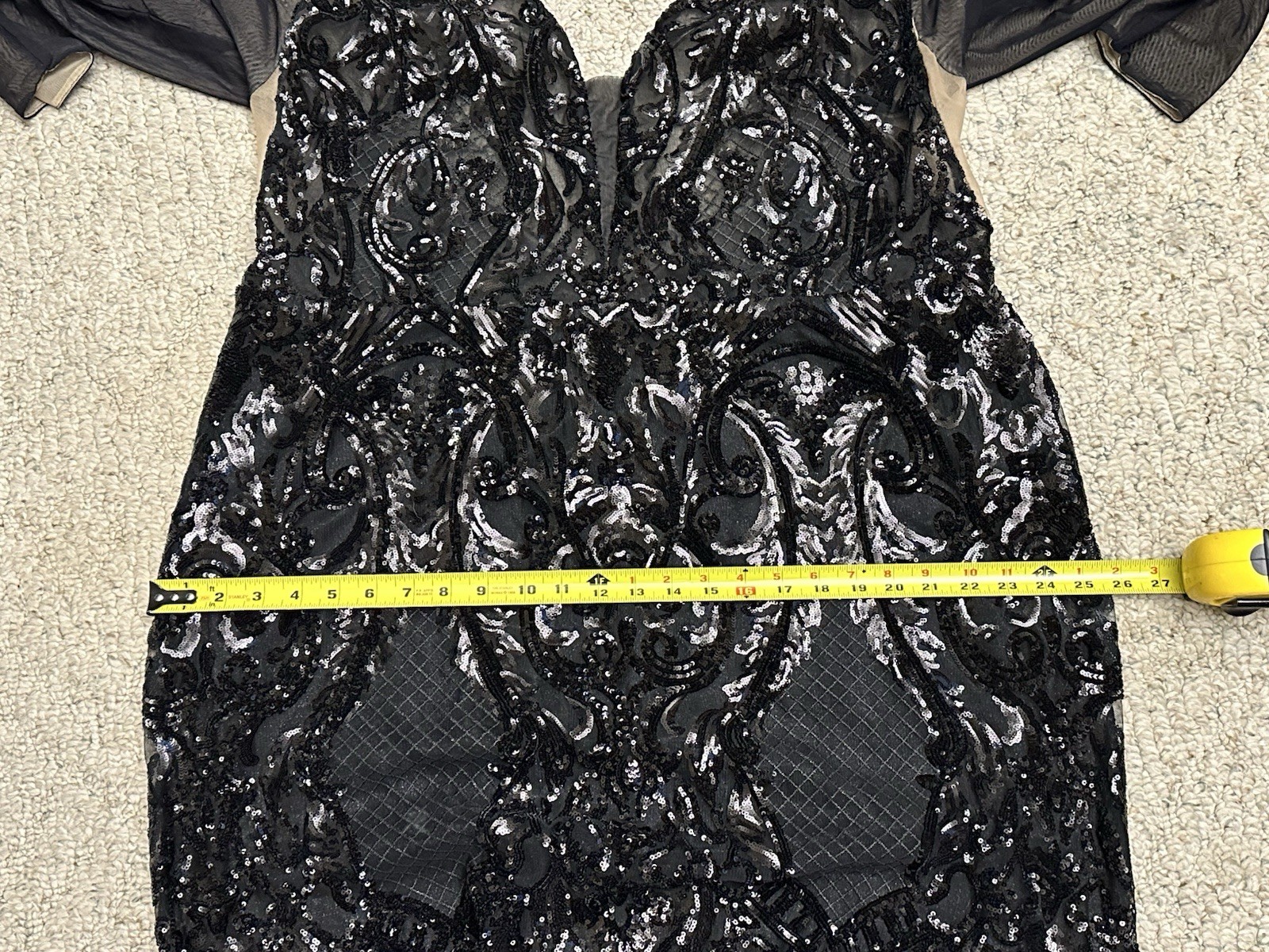 Morilee Madeline Gardner Black Sequin Evening Gown Mesh Sleeves Formal Dress 24