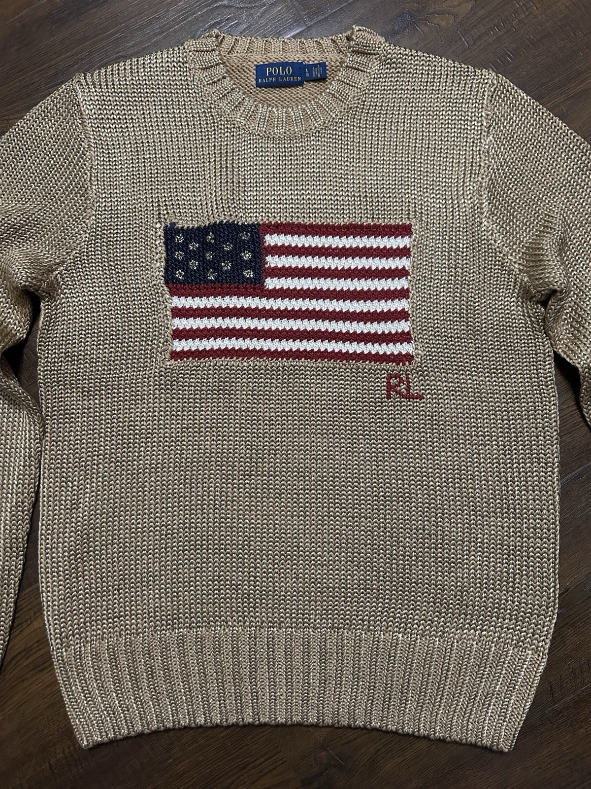 Size L. Polo Ralph Lauren Gold Knit Sweater American Flag Embroidery