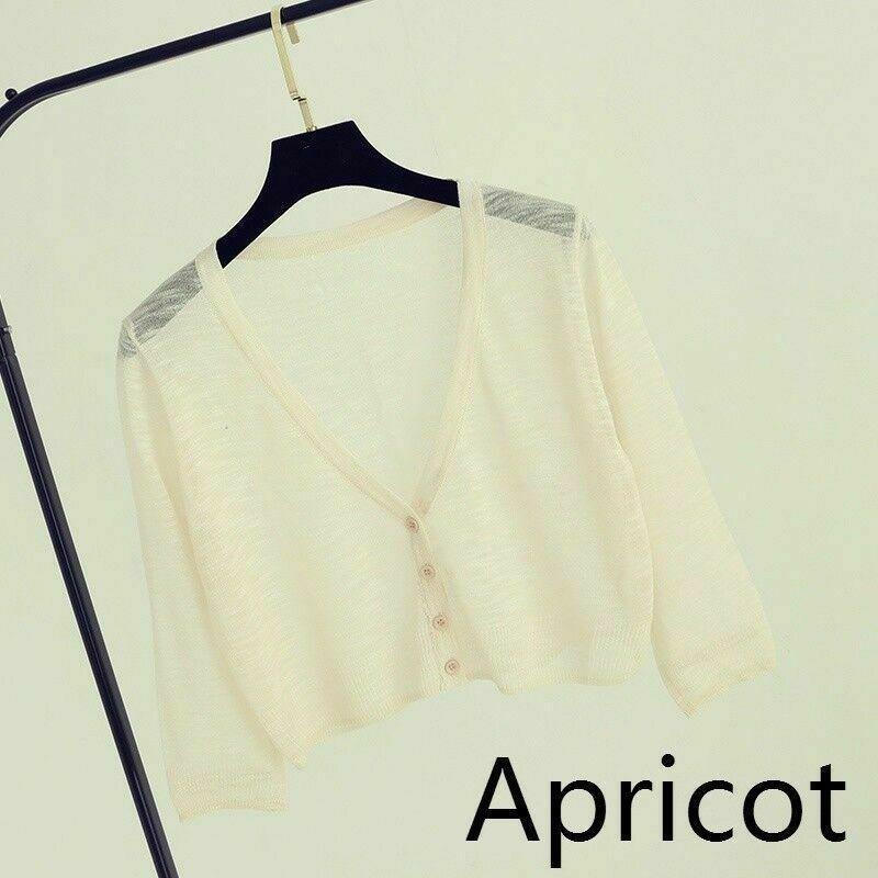 Women Sweater Shrug Crop Top Coat 3/4 Sleeve Knit Cardigan Button Down Sheer