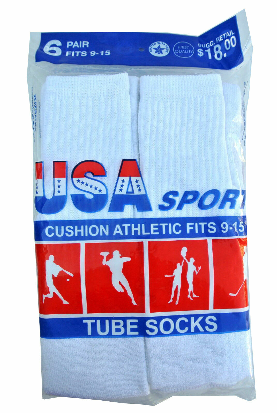 6 Paris Mens Cotton Athletic Sports Tube Socks 22″ Size 9-15 White Made For USA