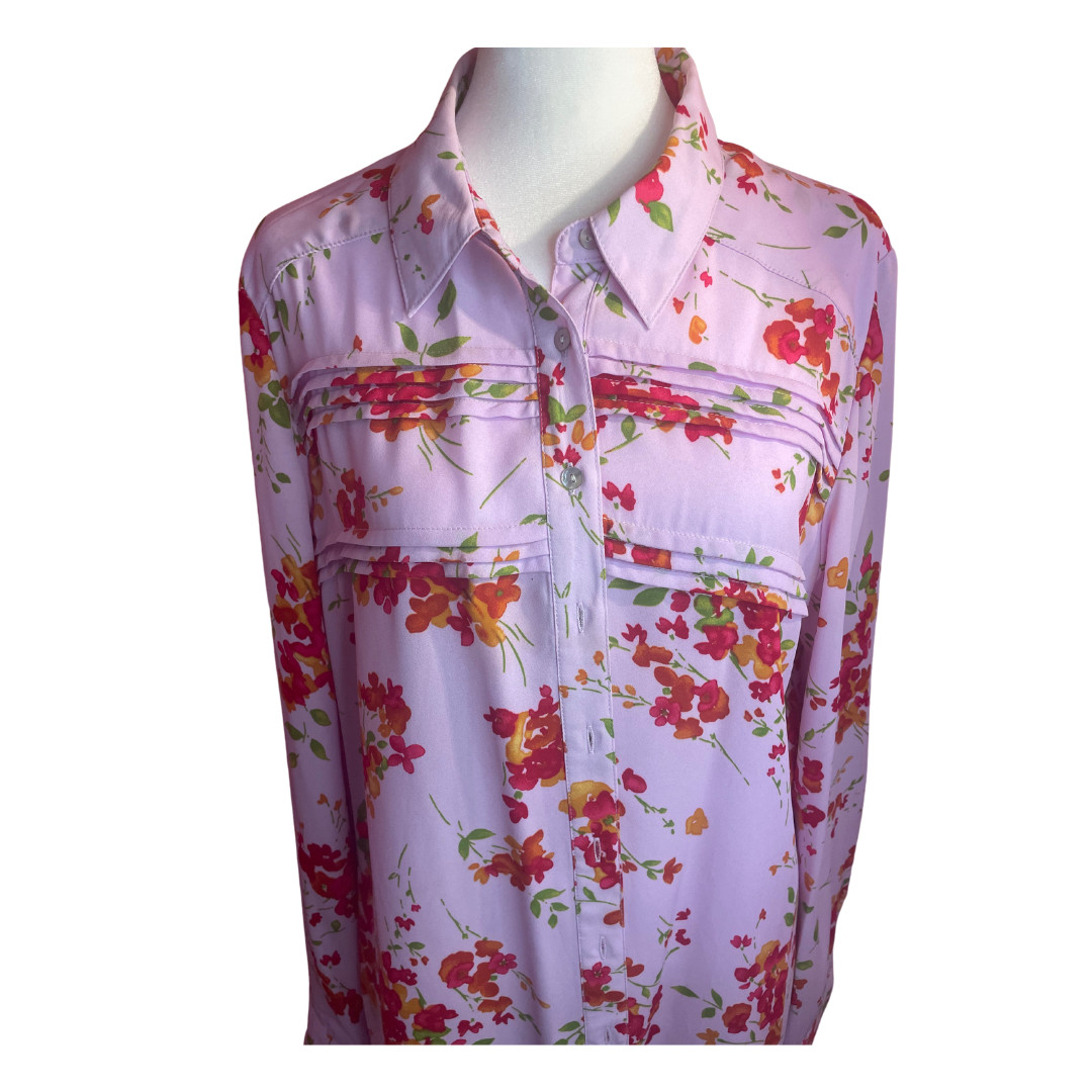 Nanette Lepore Women’s Large Pink Floral | Button Up Collared Chiffon Blouse