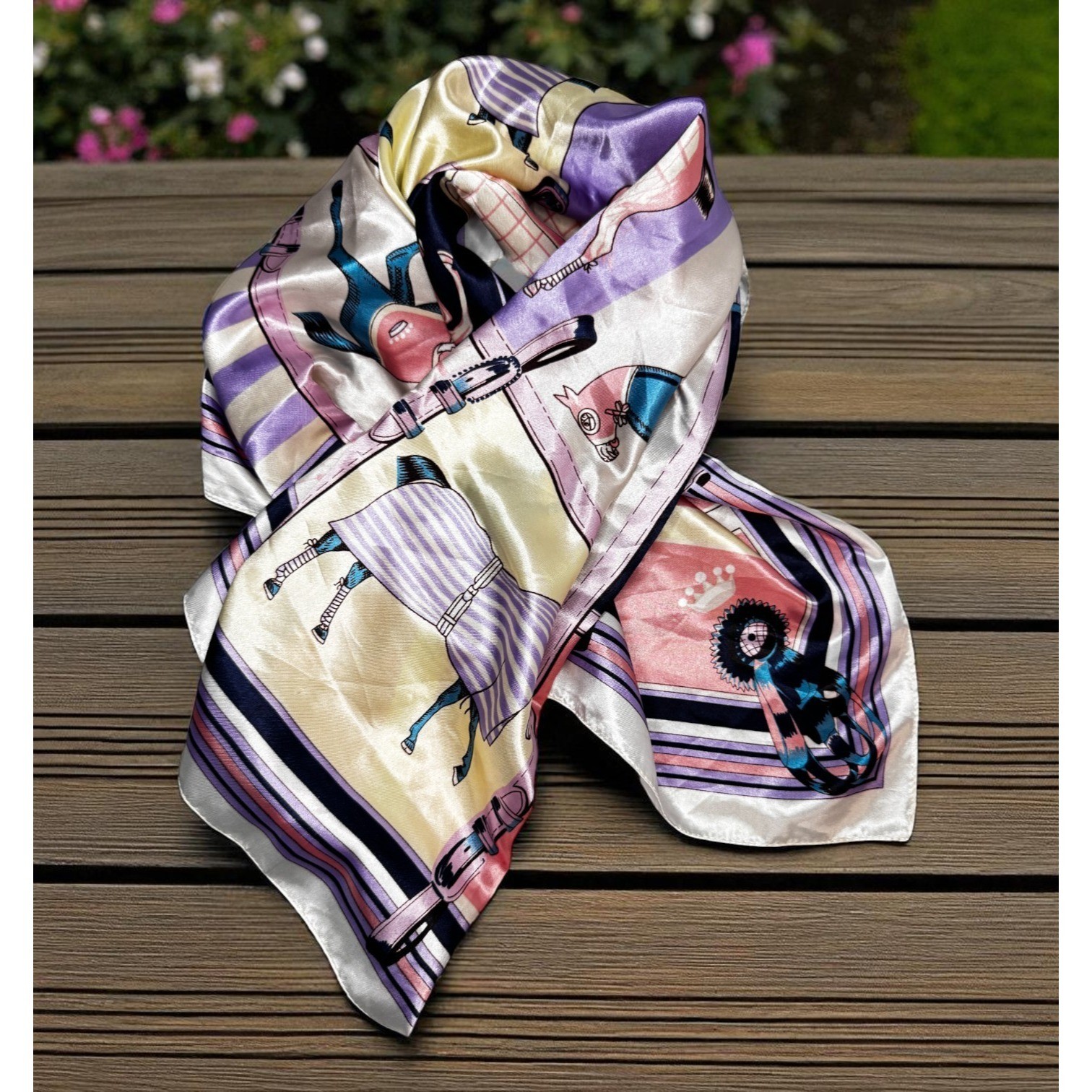Unbranded Equestrian Square Scarf 35in Multicolor Horse Print Vintage Style