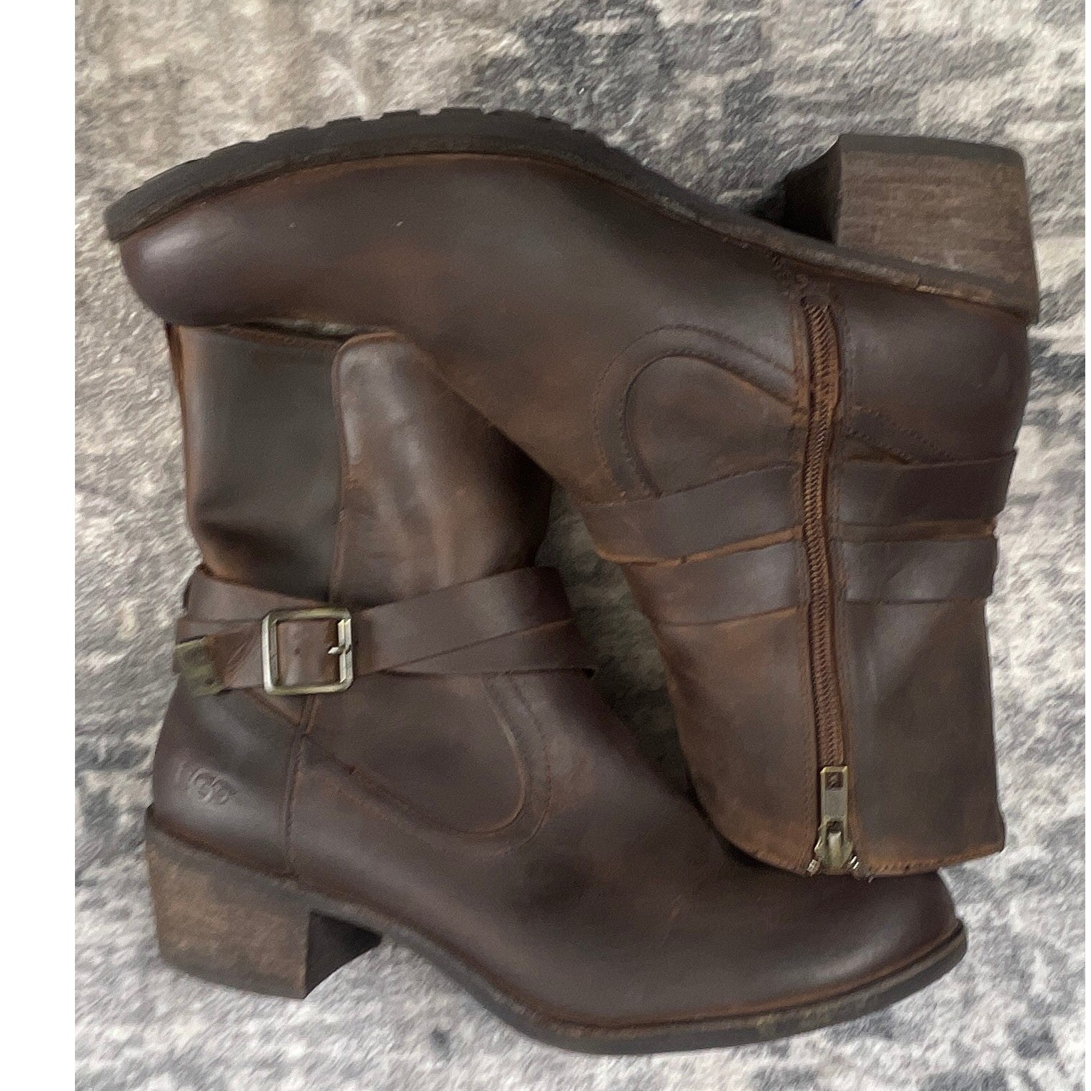 UGG Australia Womens 9 Lorraine Side Zip Biker Moto Harness Brown Boots Grunge