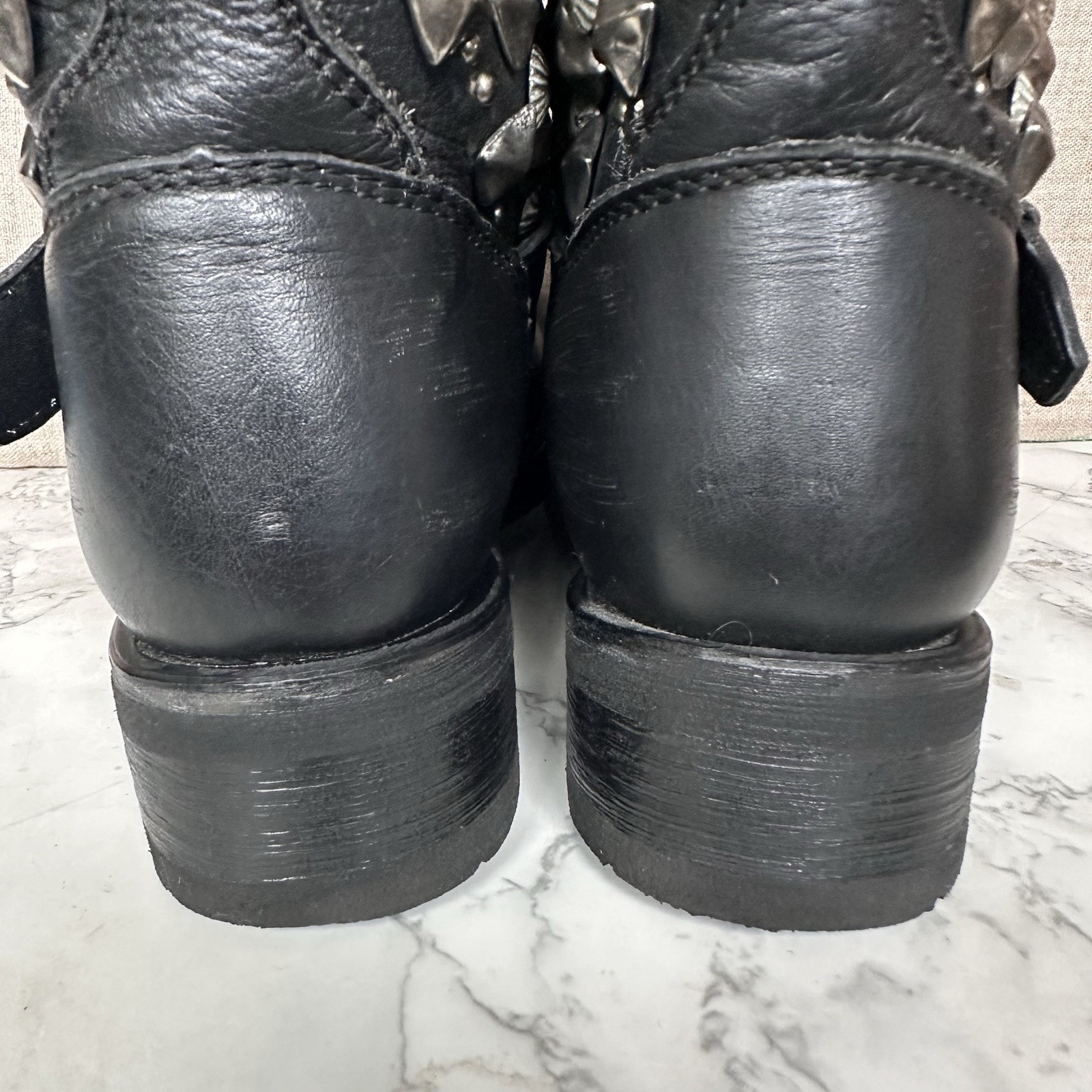 Ash Titanic Distressed Black Leather Ankle Boots Sz 6 Moto Biker Studs R-Stone