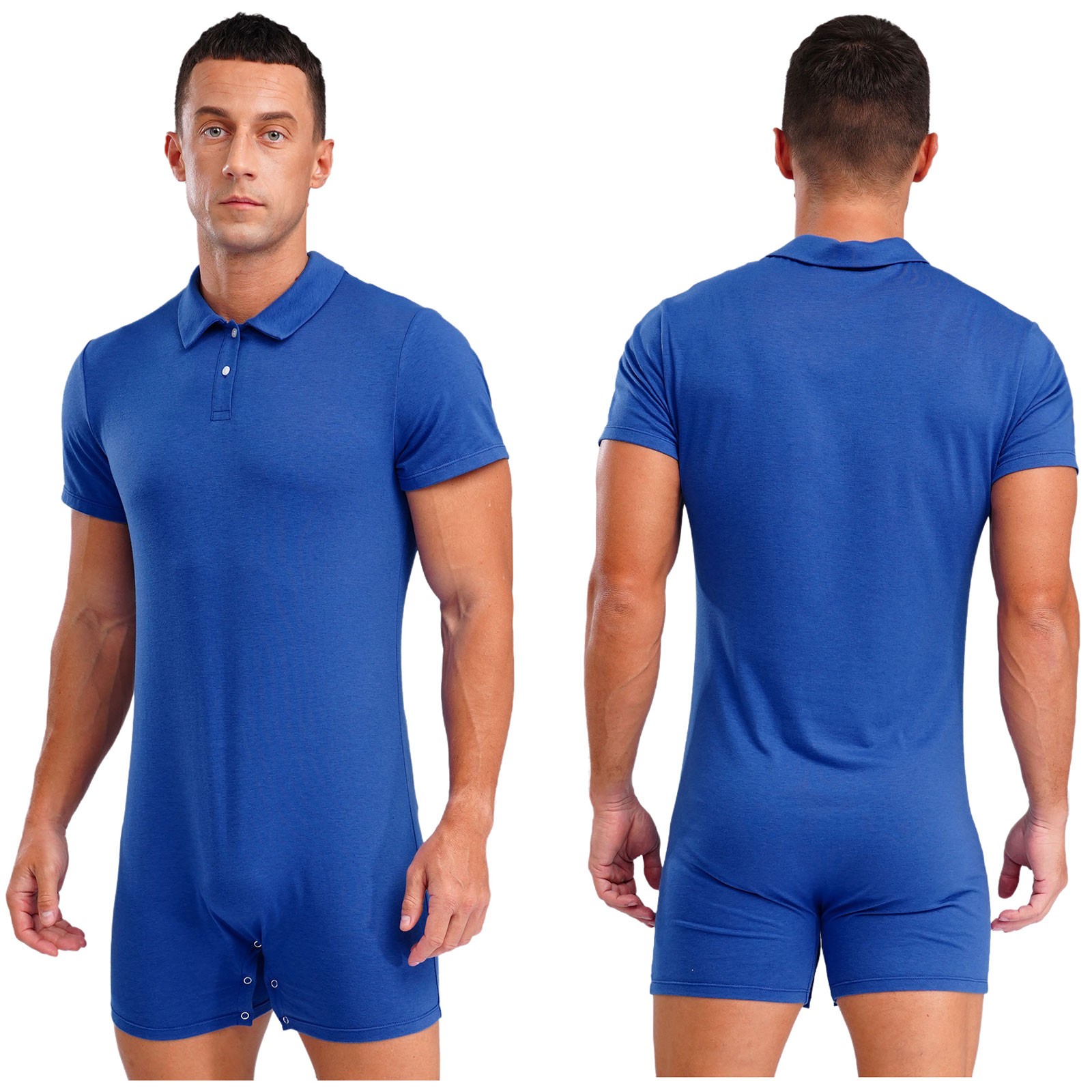 Mens Turn-Down Collar Jumpsuit Press Button Crotch Workout Sports Bodysuit Gym