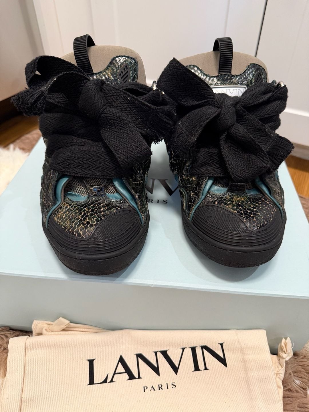 Lanvin Curb Snake-Embossed Leather Sneakers in Green and Black