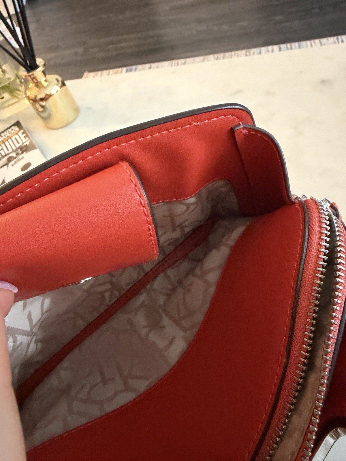 Calvin Klein Women’s Crossbody Bag Brown Monogram With Orange Leather