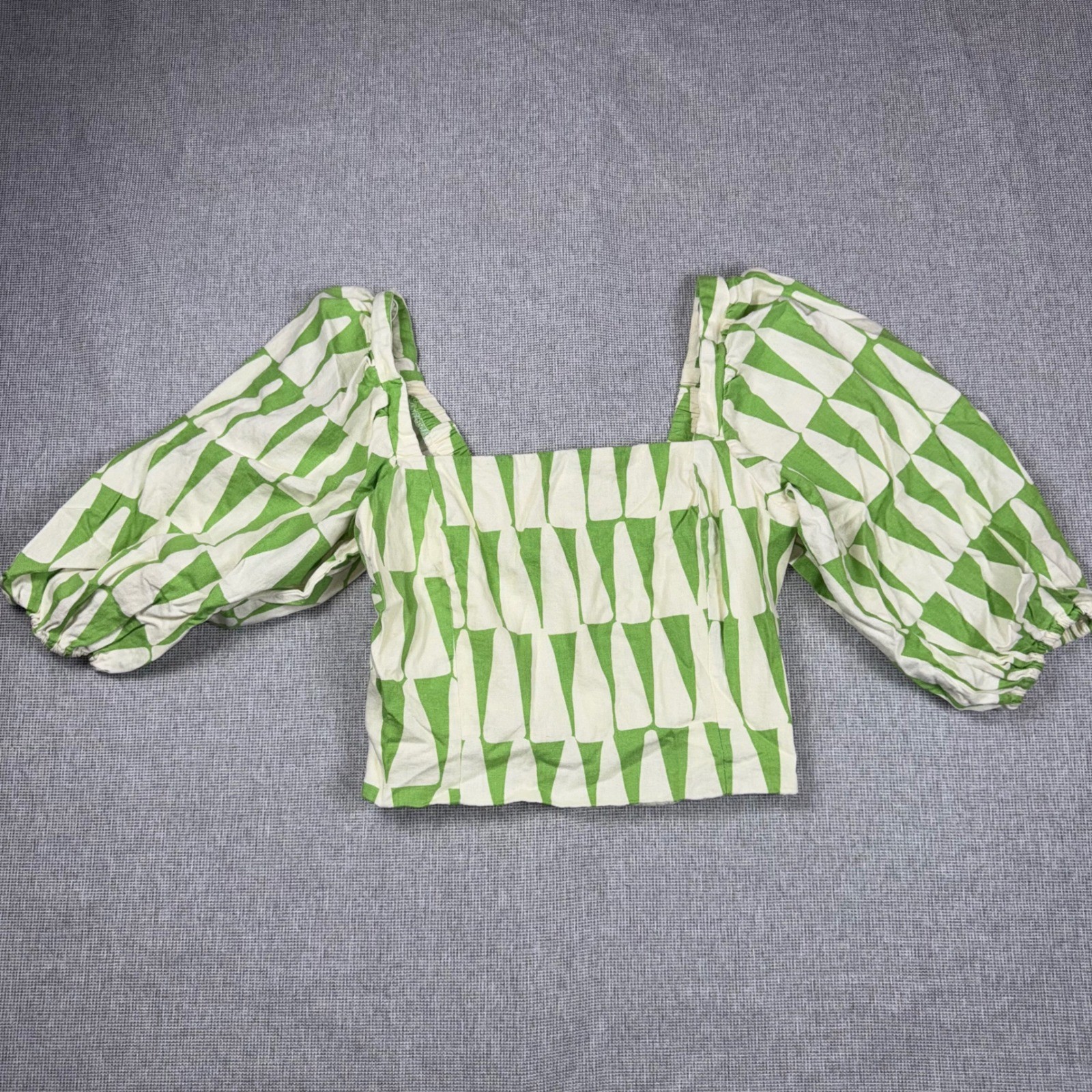 Maison d’Amelie Paris Green Geometric Puff Sleeve Linen Blend Crop Top Medium