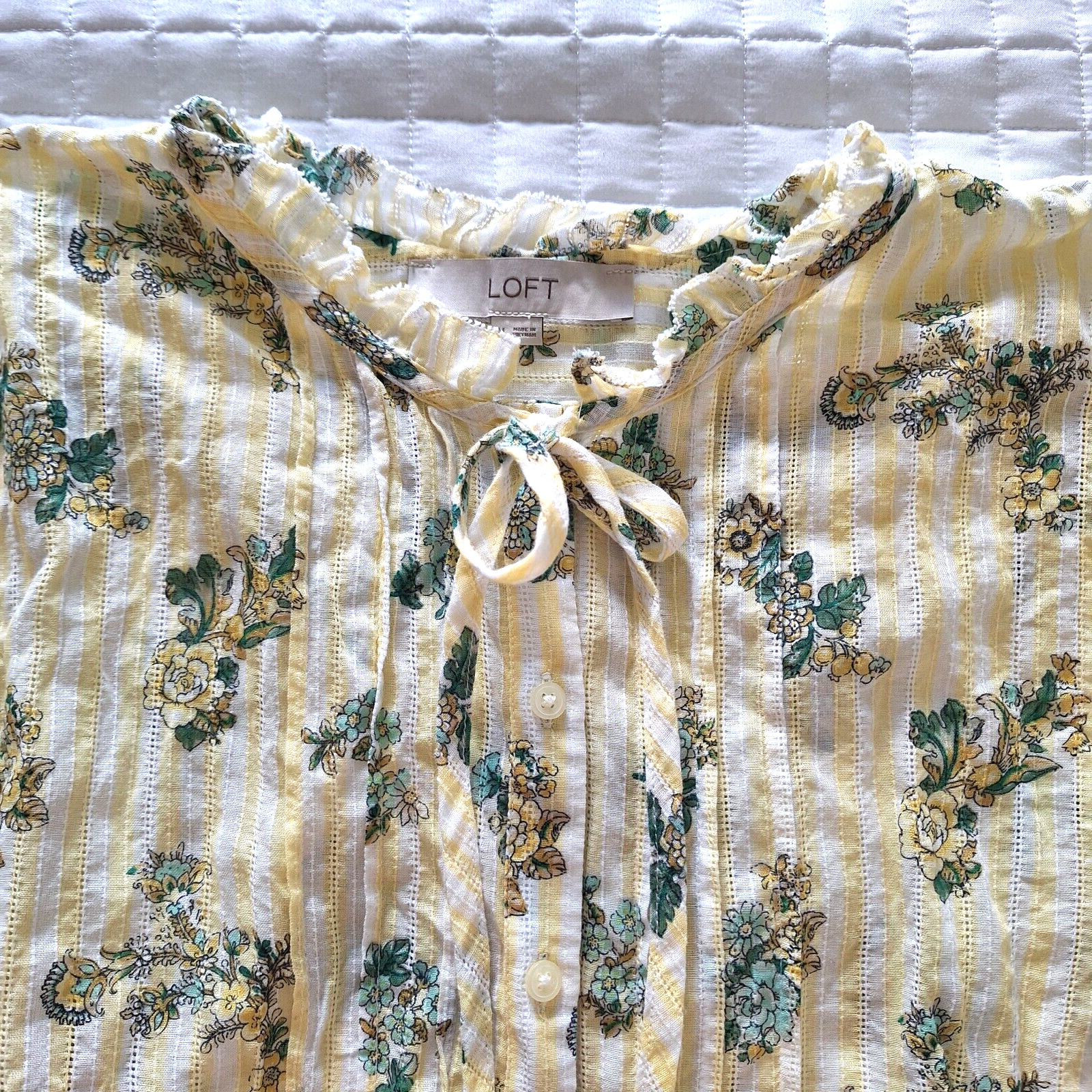 Loft Tunic Top Blouse Med 100% Cotton Ruffle Collar Cuffs Cottage Core Yellow