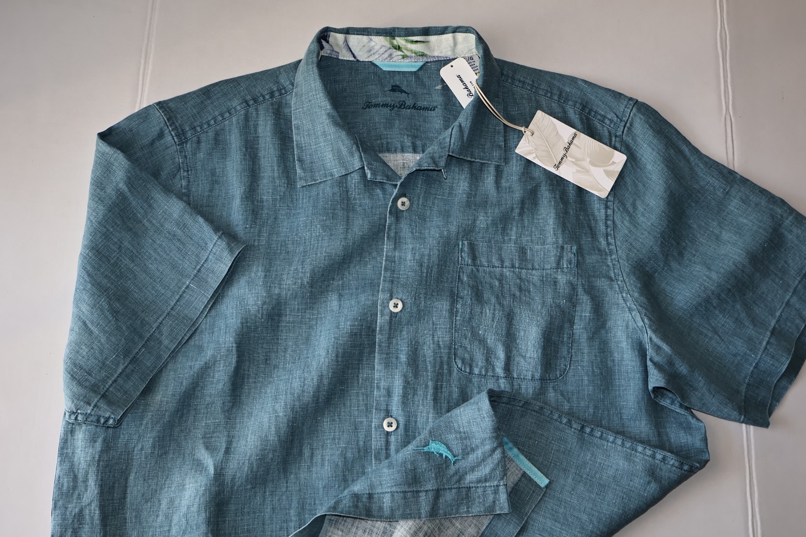 Tommy Bahama Camp Shirt Sea Glass Belle Blue Solid ST324636 SS New