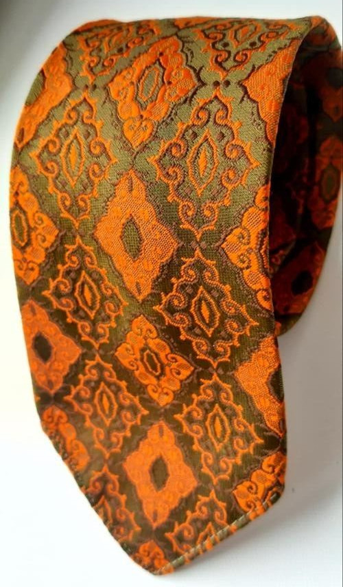 BELVEDERE GoldStar Tie Men’s Orange/Olive Rhombus Floral Geometric L-52″ W-2.7″