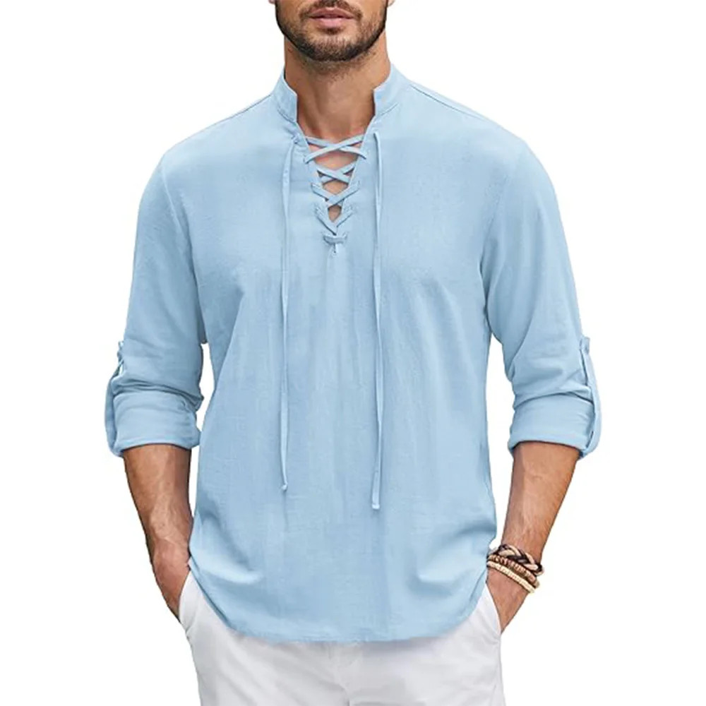 Men’s Renaissance Pirate Medieval Viking Cotton Linen Long Sleeve Shirt Summer