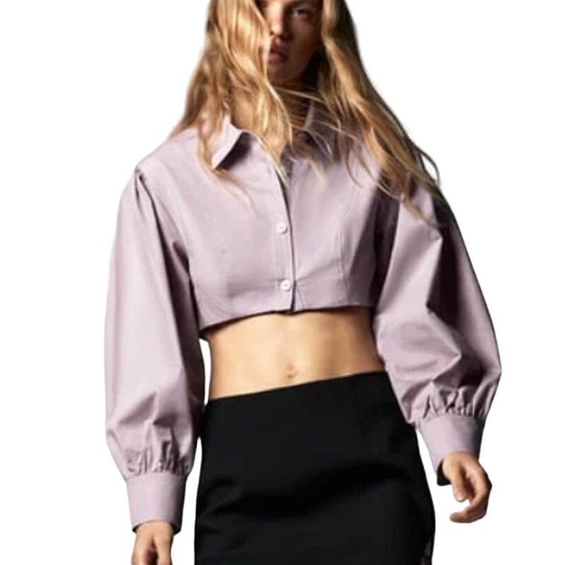 Zara L Womens Voluminous Poplin Shirt Cropped Long Puffed Sleeves Lilac