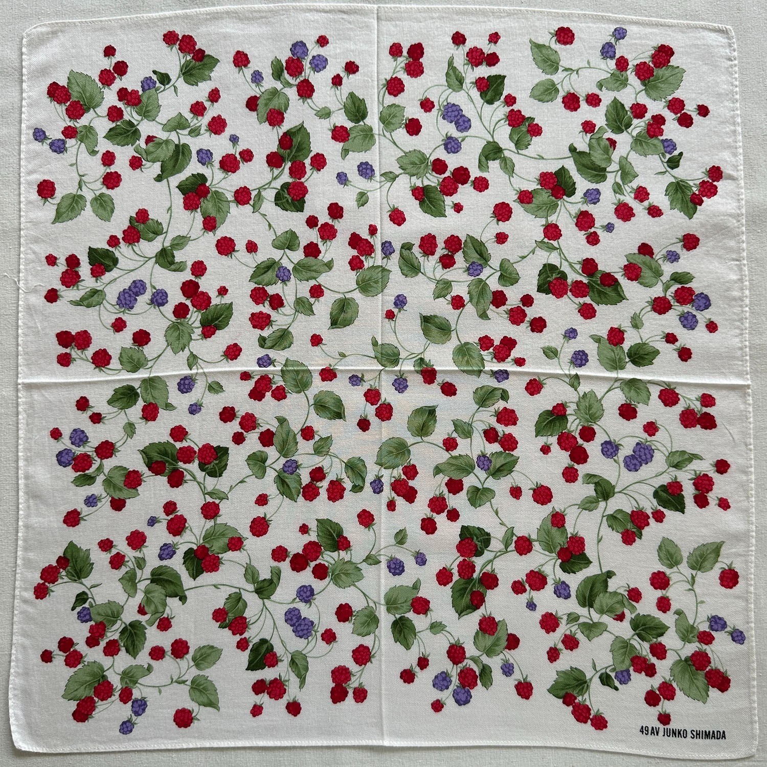 Vintage Handkerchief White Cotton Red & Black Berry Vine Pattern Scarf Hanky 17″