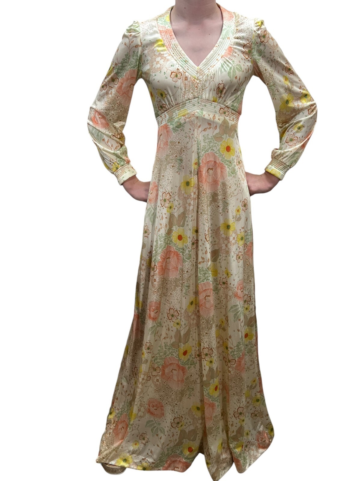 Vtg 70s Sz S Rare ALFREDA Maxi Dress Silky Nylon Jersey Empire Waist Hippie Boho