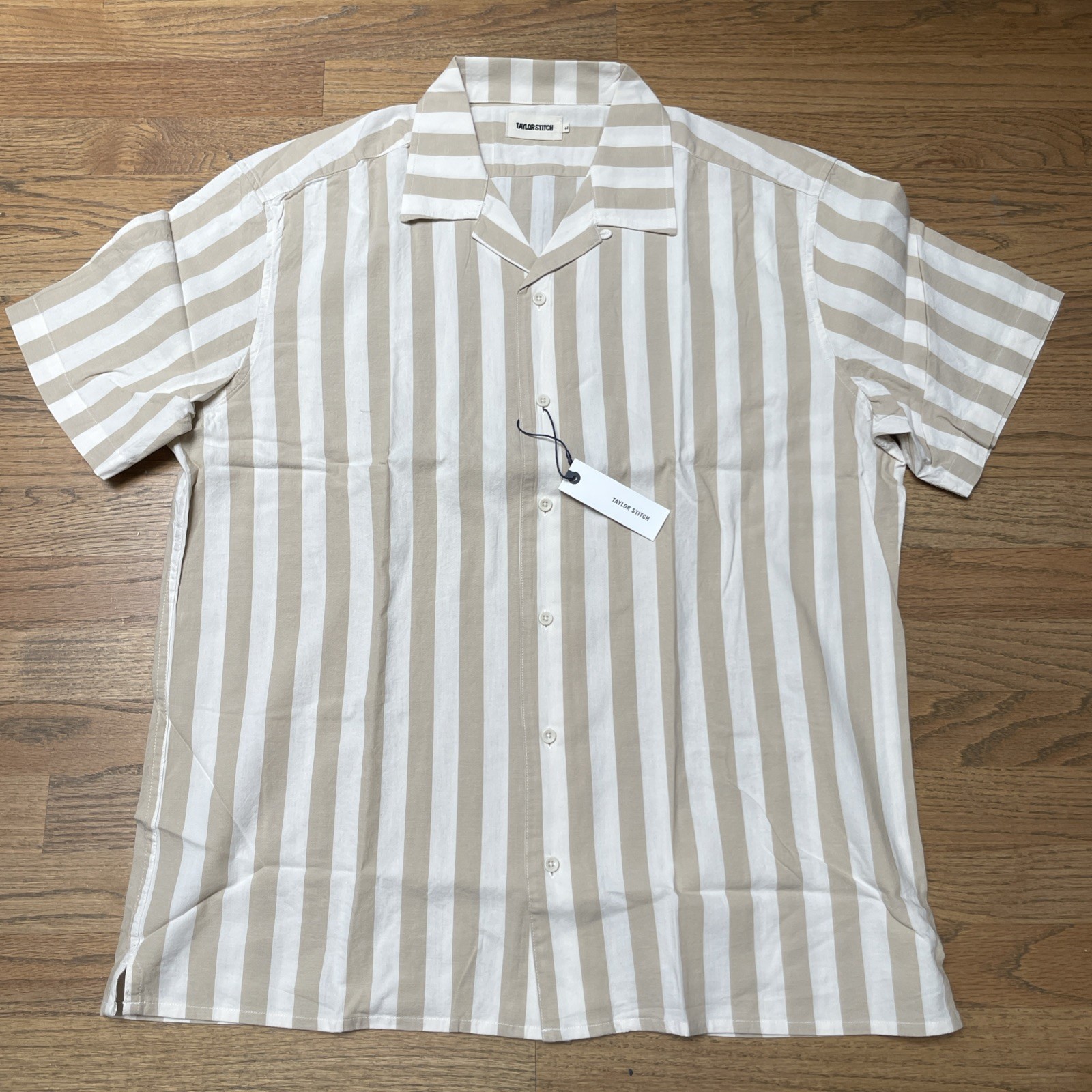 Taylor Stitch Short Sleeve Davis Shirt Sandbar Stripe White Tan Mens XL 44 NWT