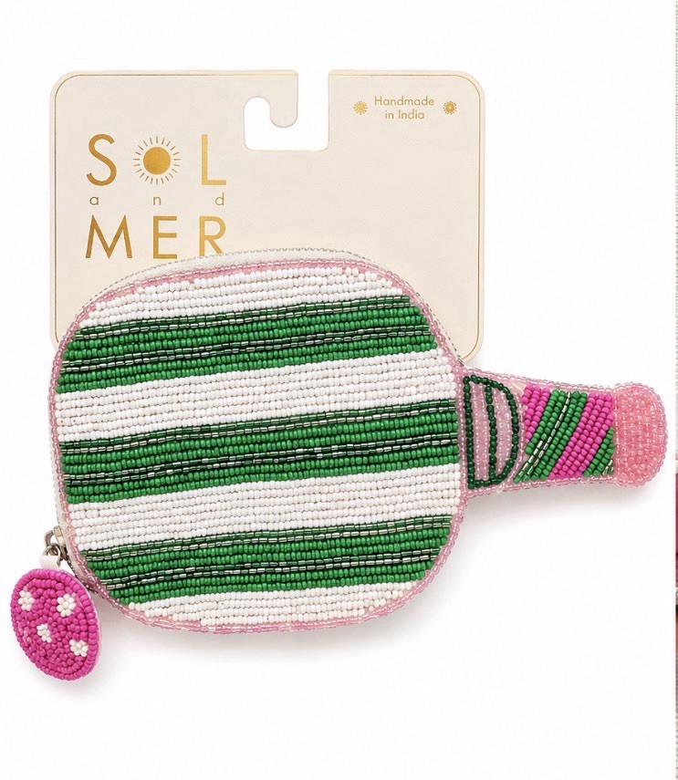 NWT Handmade Beaded Pickleball Coin Purse Zipper Pouch Pink Green Summer & Co