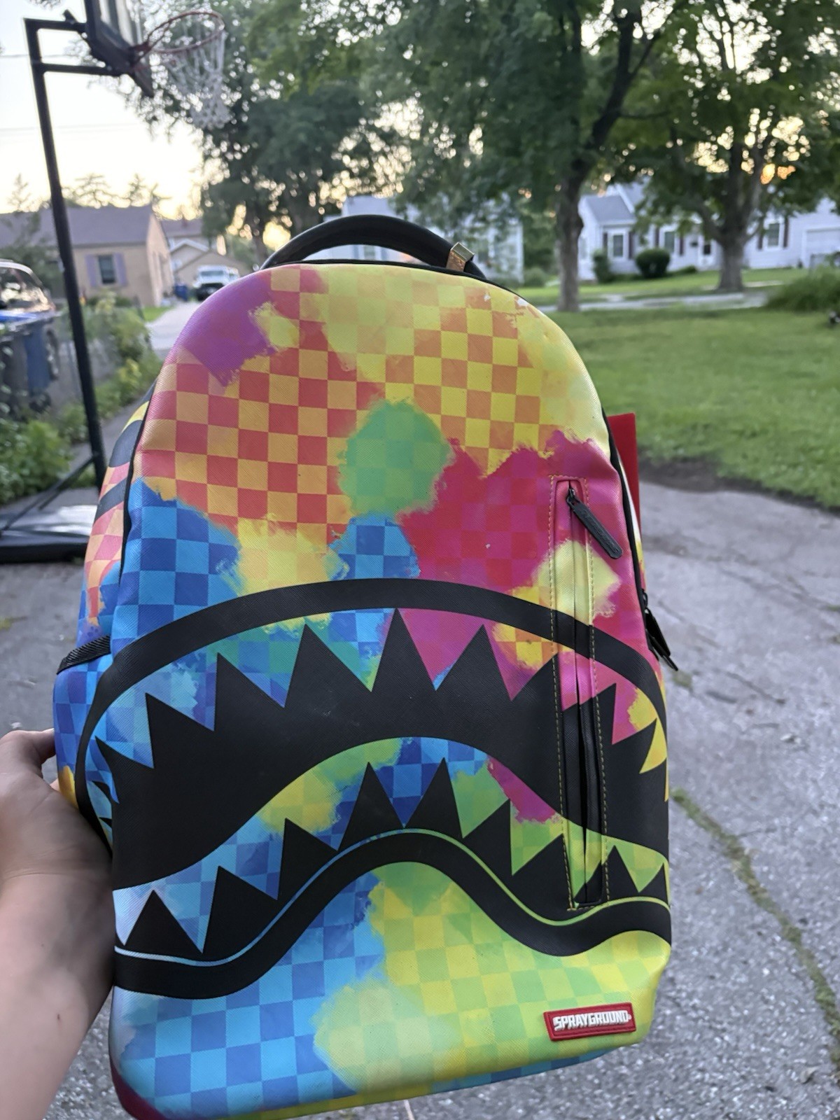 Sprayground Shark Checkered Large Backpack Zip Closure Pockets Adjustable