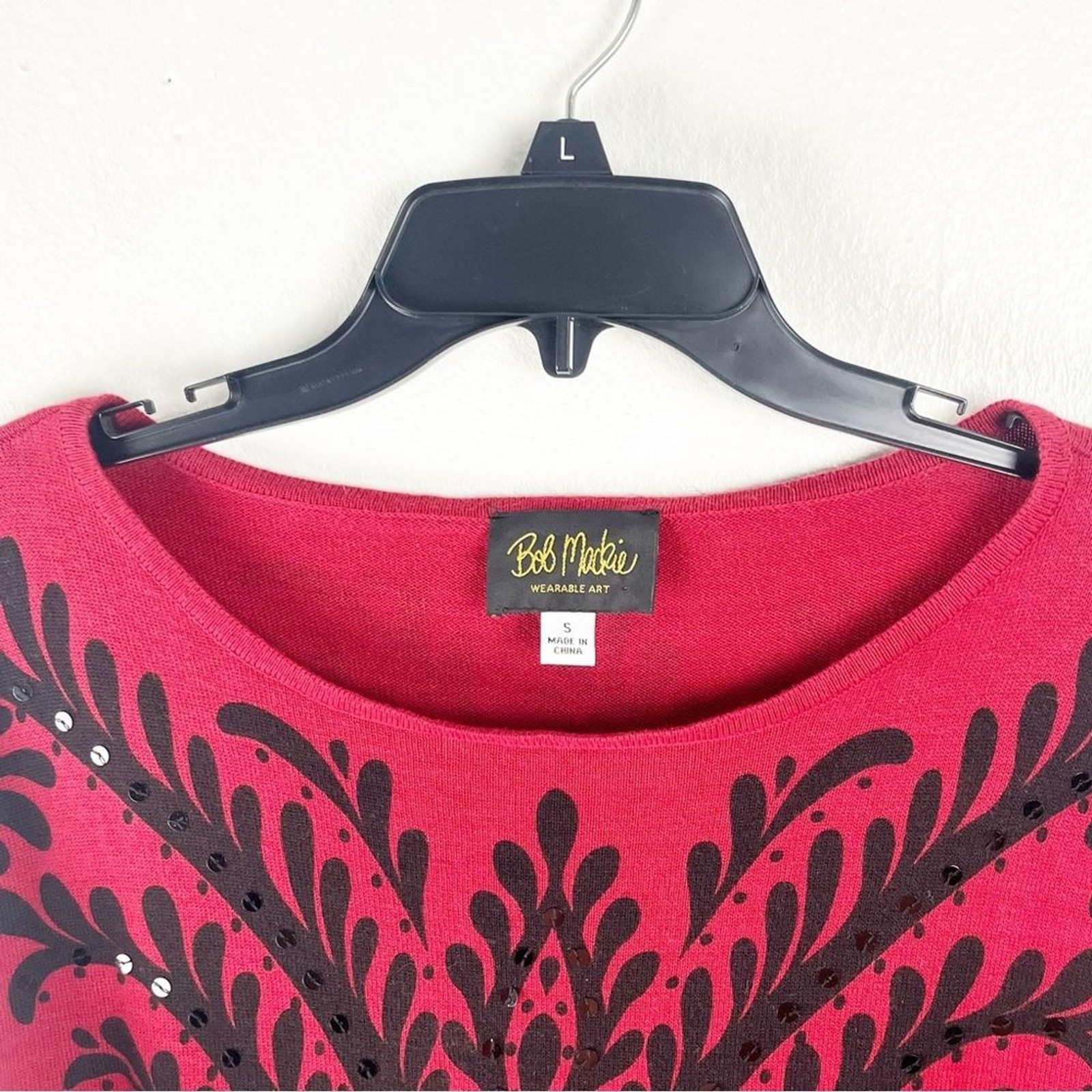 BOB MACKIE Red Black Embroidered Sequins Long Sleeves Wearable Art Blouse Small
