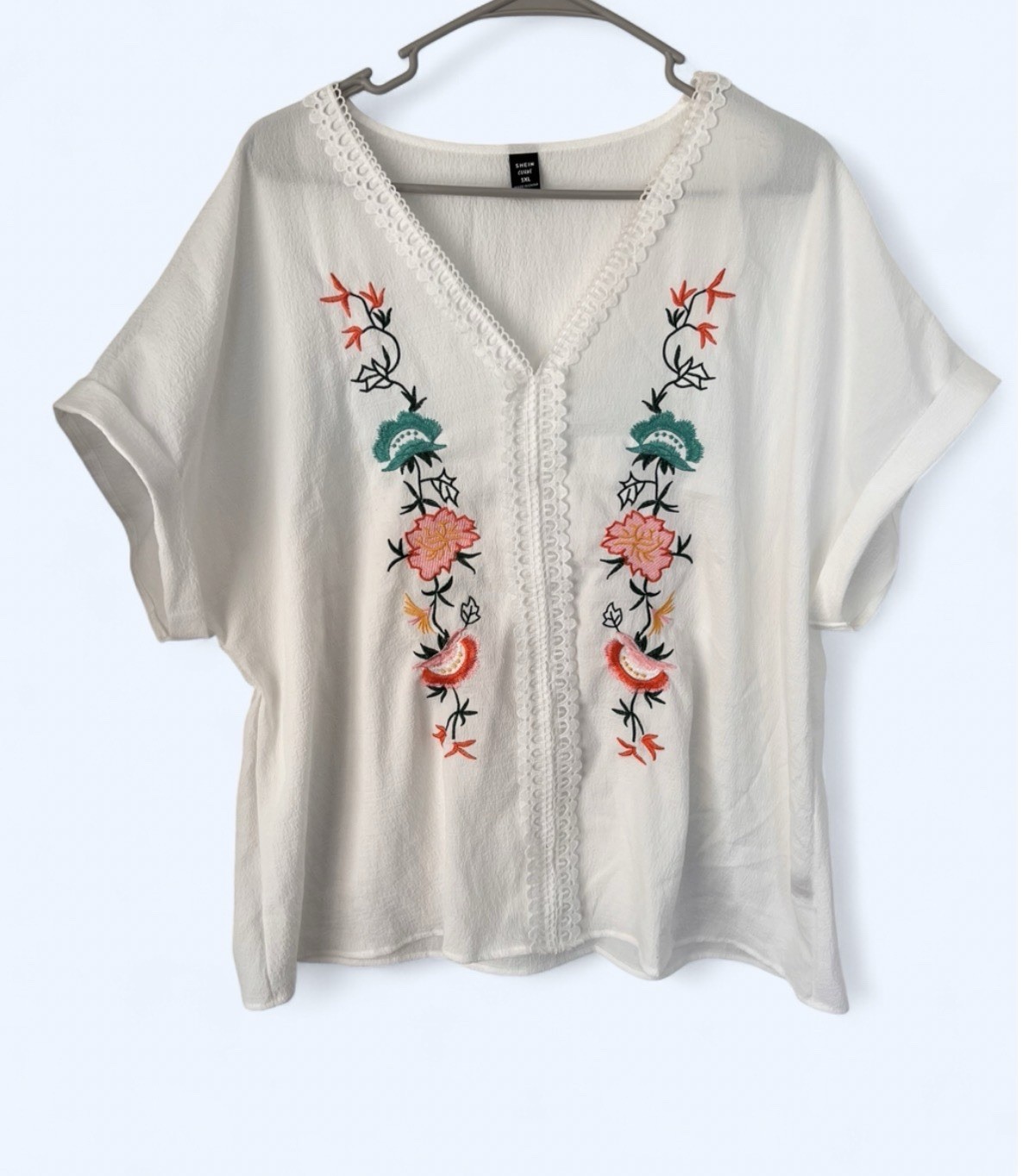 SHEIN White Floral Embroidered Lace Trim V-Neck Knit Blouse Women 1XL