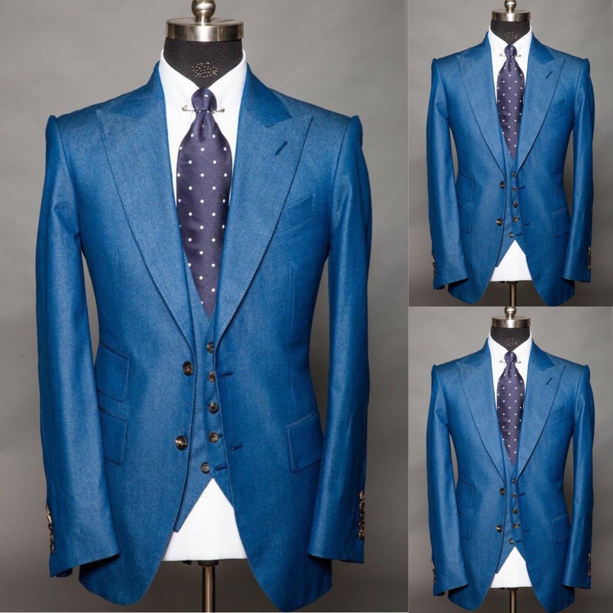 Blue Peak Lapel Mens 3PCS Suits Formal Workwear Jacket Tuxedos Dinner Party Coat