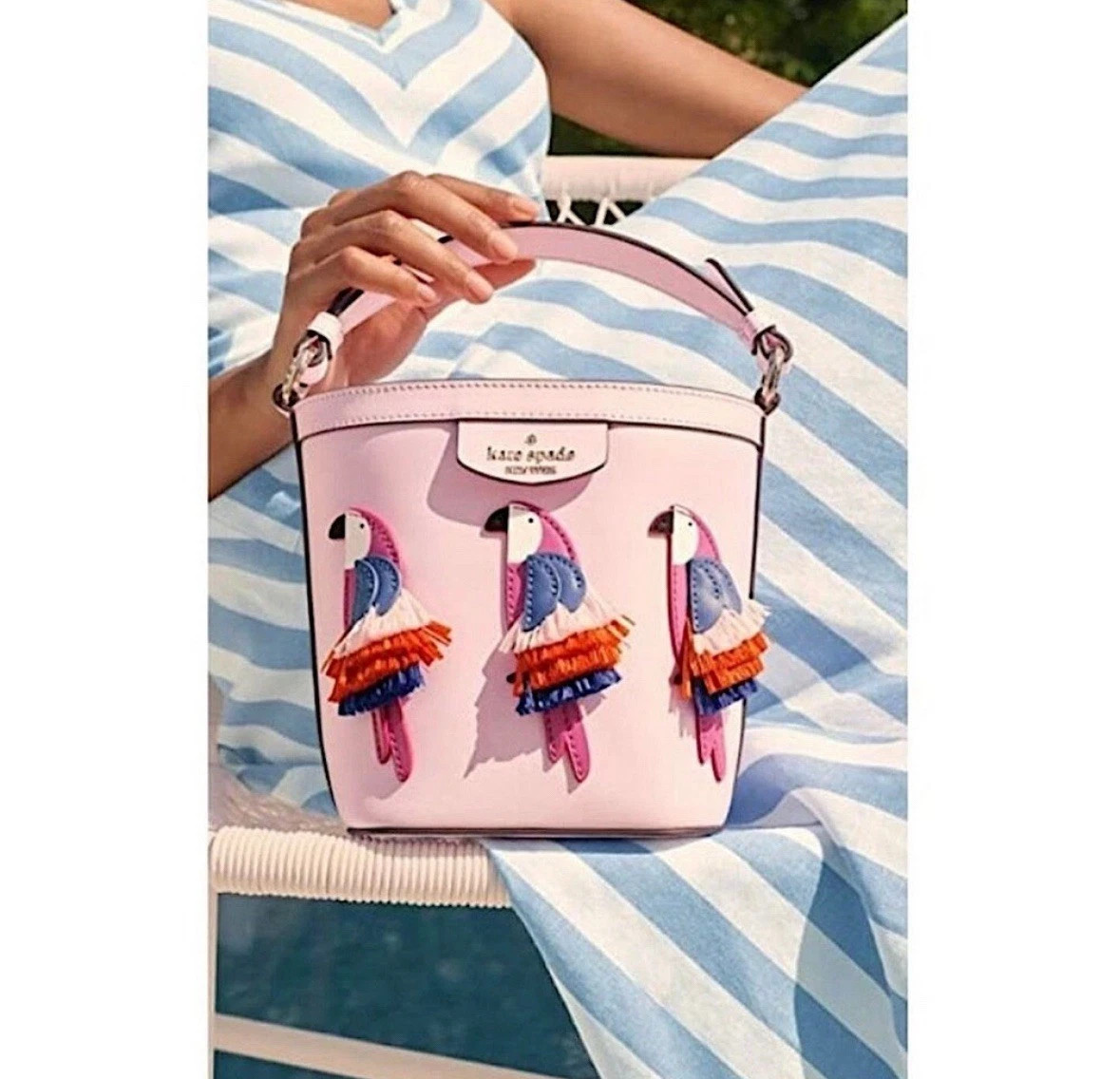 Kate Spade Pippa Flock Party Parrot Small Bucket Crossbody Bag Pink Novelty