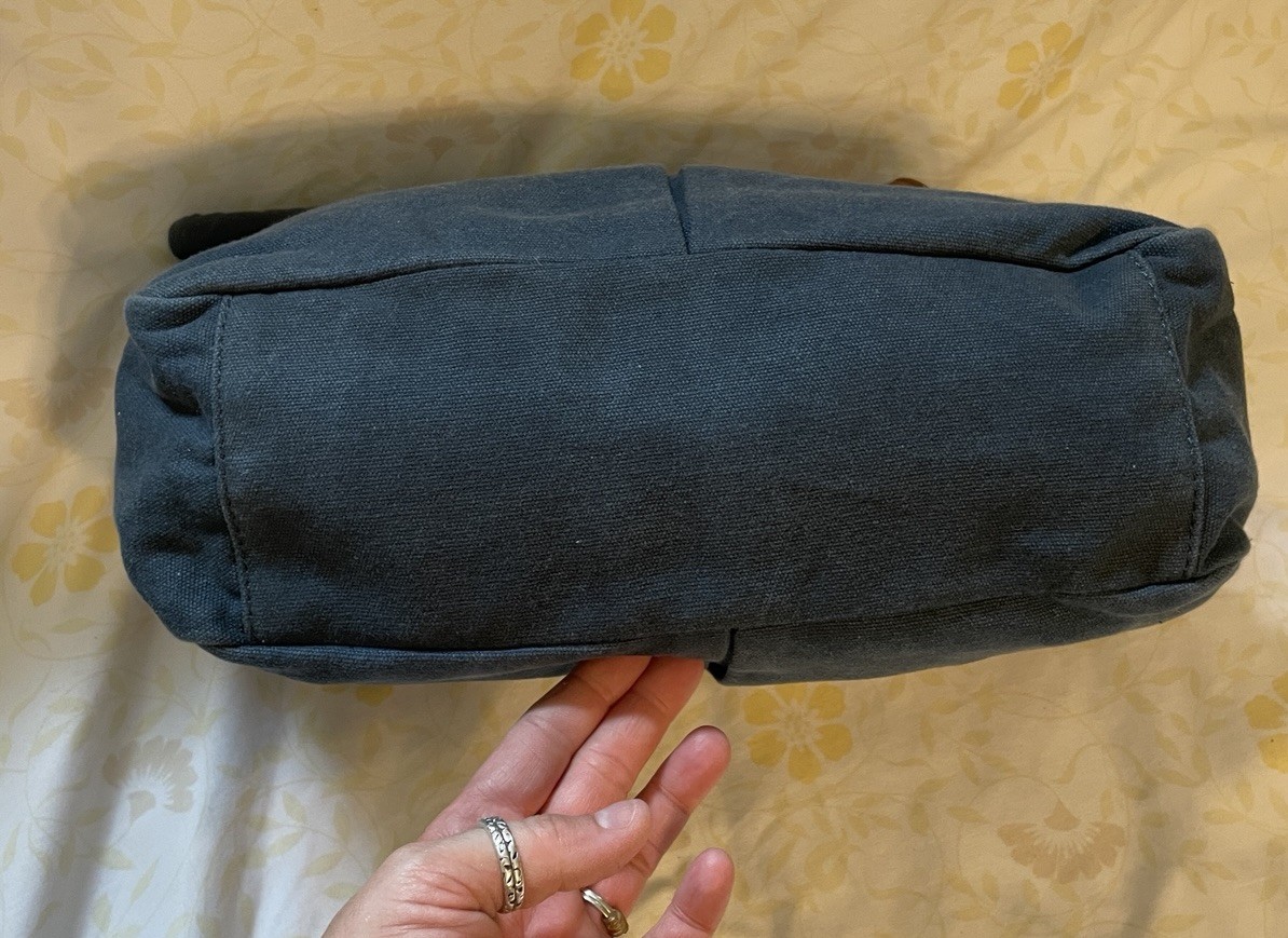 LEVENGER Blue Navy Dark Denim Canvas Brown Leather Medium Pocket Tote Bag Purse