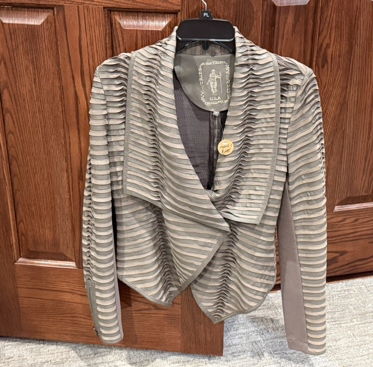 MY TRIBE TAUPE BROWN LEATHER MOTO ASSYMETRIC DRAPE JACKET WATERFALL COLLAR S NEW