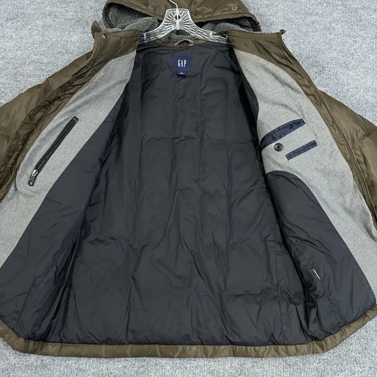 GAP Parka Coat Men Small Olive Green Military Puffer Jacket Down Hood Lined