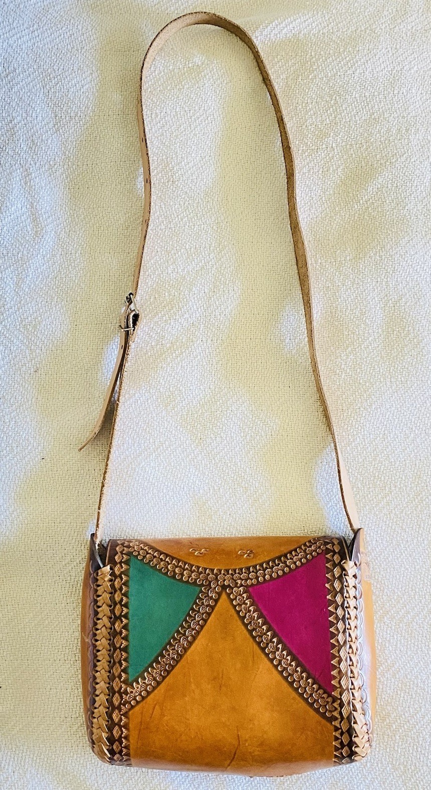 Hand Tooled Leather Colorblock Braided Studded Shoulder Bag Buckle Mexico