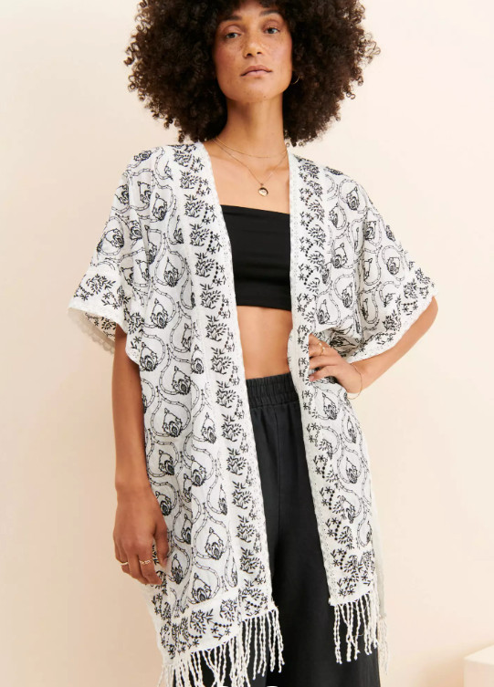 Anthropologie Embroidered Tasseled Printed Fringe Duster Open Beach Boho XS/S