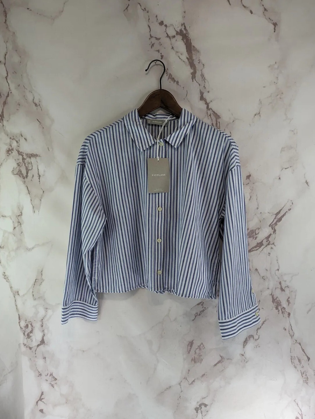 Everlane Shirt Womens Medium Blue Button Up Woven Pajama Top Silky Cotton Crop