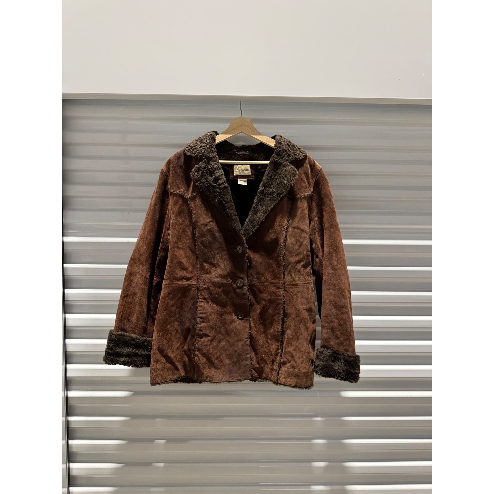 St Johns Bay Womens Brown Suede Leather Faux Fur Trim Jacket Coat Size Large