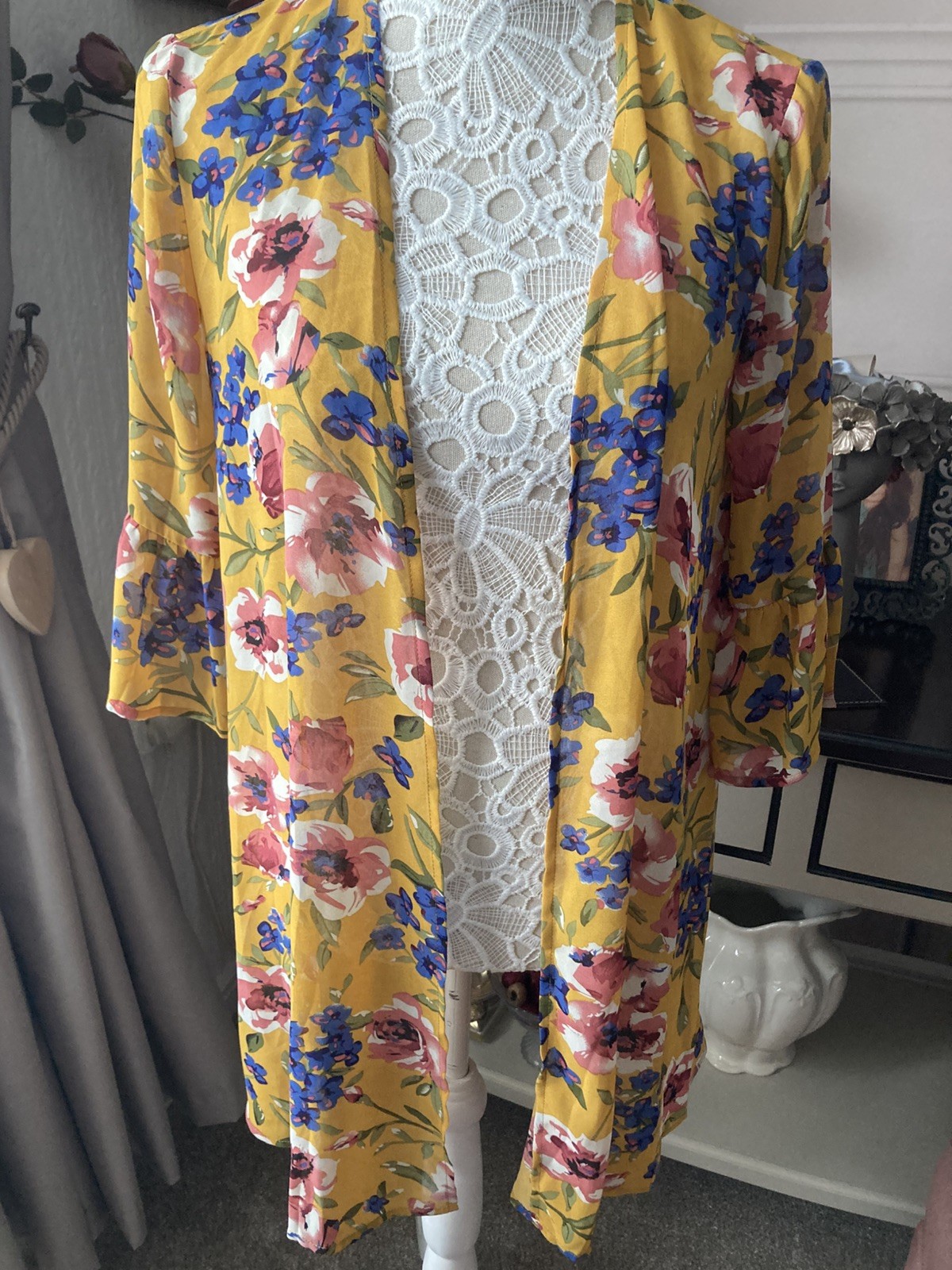 Shein Mustard Yellow Multi Floral Print Long Sleeve Open Jacket M