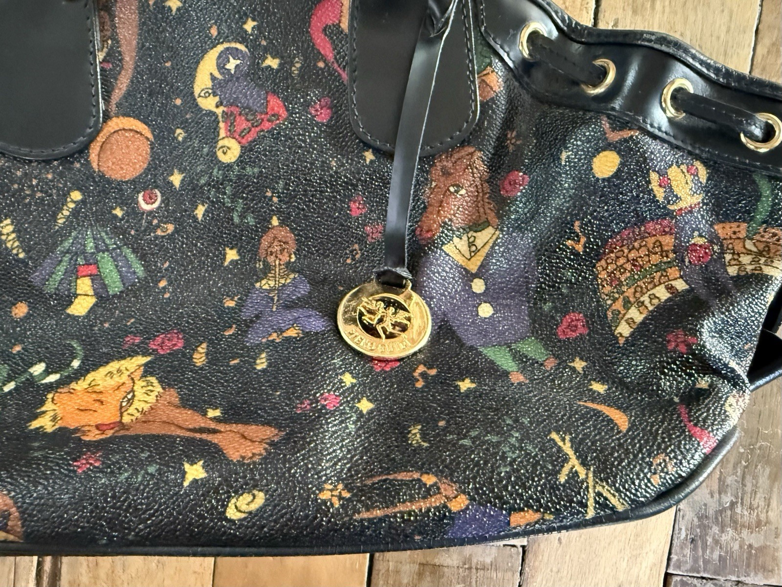 Piero Guidi Magic Circus Large Satchel Bag Black Multicolor Gold Hardware