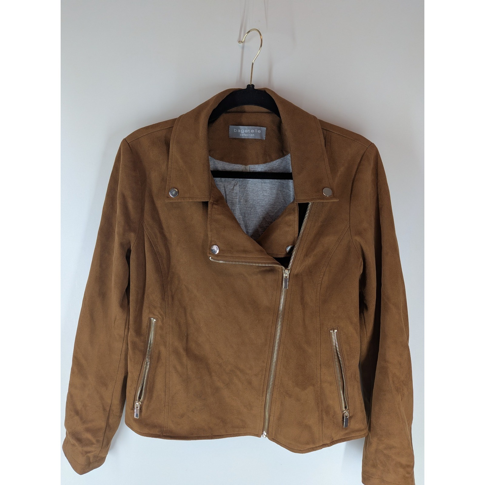Bagatelle Collection Womens Faux Suede Moto Jacket Cognac Brown Size L
